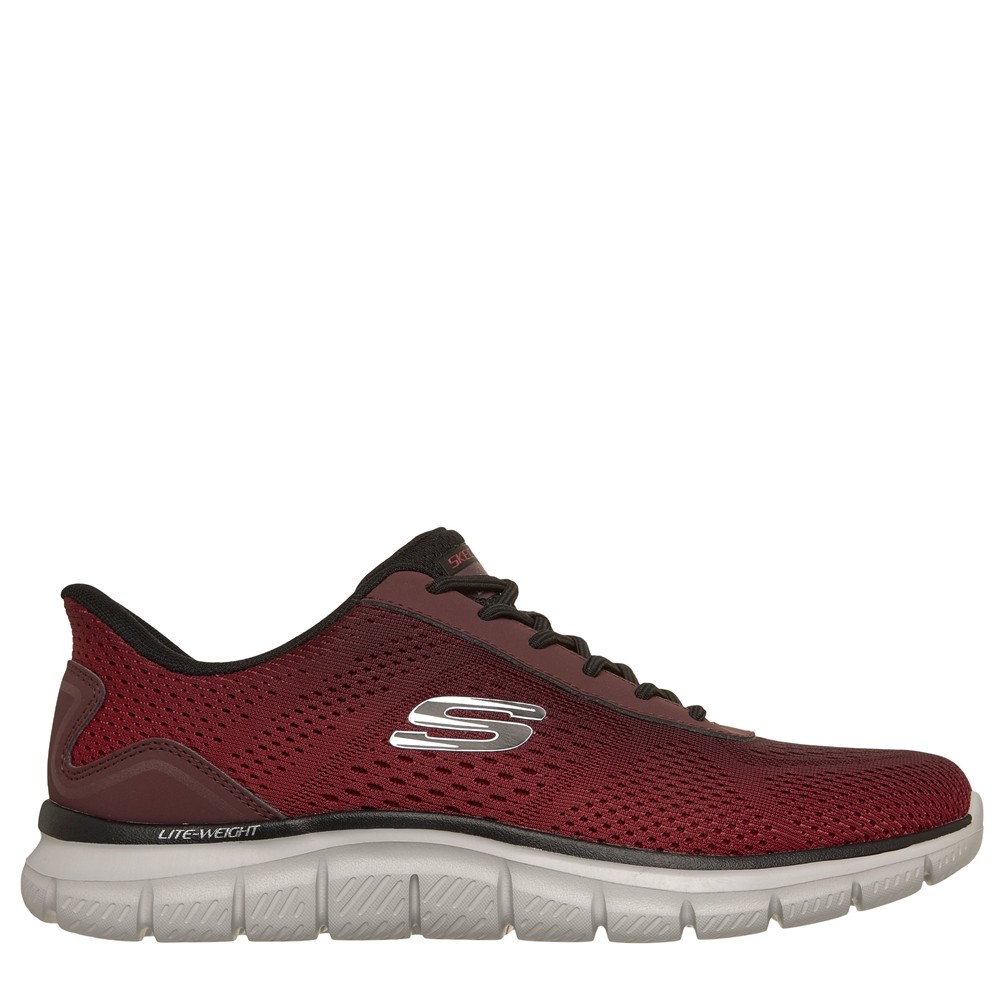 Cómoda  Zapatilla hombre Skechers SLIP-INS TRACK cómodo tejido rojo. Plantilla Memory Foam acolchada. Talón Comfort Pillow para calzarte sin manos. Suela amortiguadora. Altura Tacón bajo (1-3 cm) Referencia 233038-RDBK
