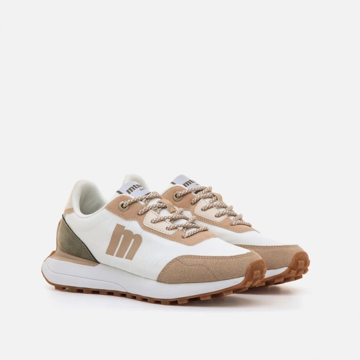 Zapatillas Casuales Mustang para Mujer, Color Blanco con Detalles Beige y Verde, Suela de Goma para Estilo Urbano y Comodidad Diaria