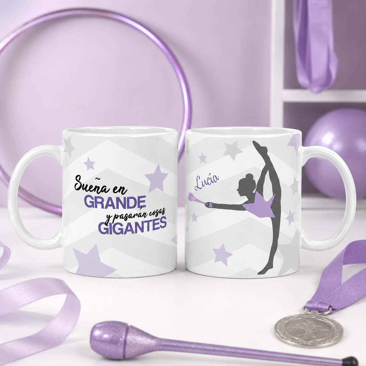 Taza Gimnasia Rítmica Personalizada con Nombre Sueña en Grande Rosa o Morada Gimnasta Regalo Niña Competición Cumpleaños 330 ml Enna Blues Designs