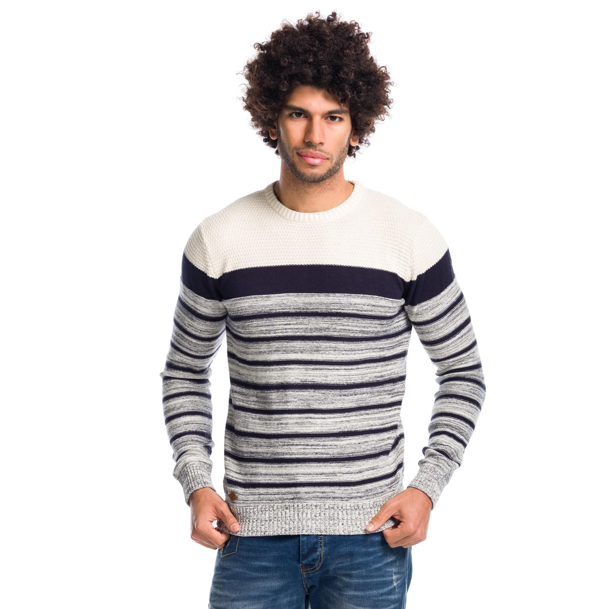 Koroshi - Jersey tricot de rayas para hombre 100% algodón cuello redondo manga larga diseño casual entretiempo