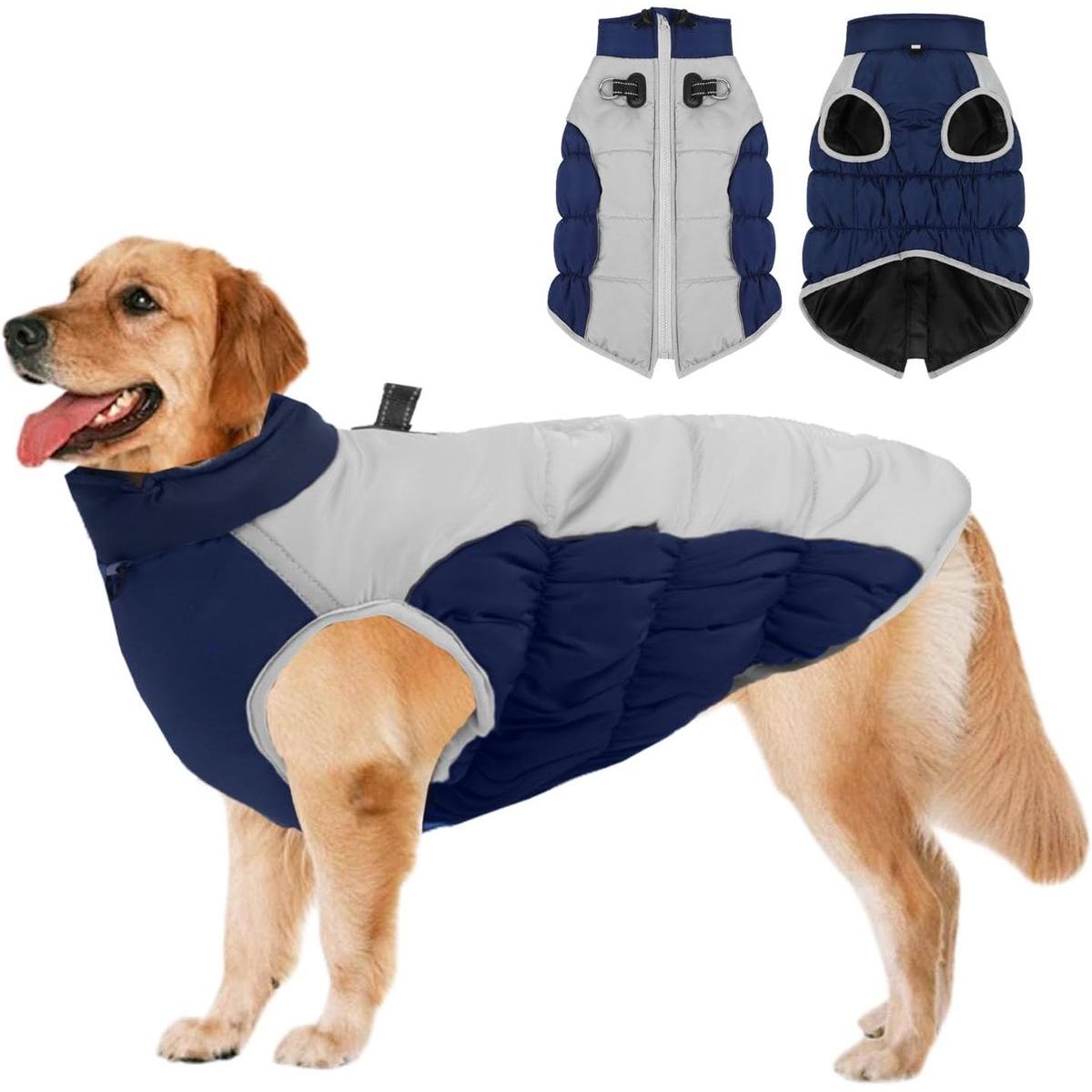 Winterkleding voor honden, water- en winddicht, verstelbare kraag voor optimale warmte, ritssluiting op de rug, reflecterende strepen en voering, geschikt voor middelgrote tot grote honden, marineblauw, maat 2XL.