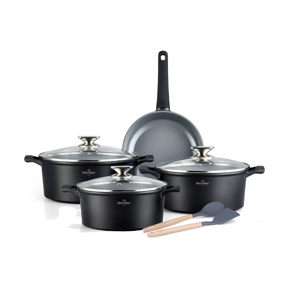 Juego de utensilios de cocina de inducción Swiss Haus® LG4009B - Juego de 9 piezas - Libre de PFAS - Incluye sartén y ollas - Apto para todo tipo de cocinas - Sartén con revestimiento antiadherente Sapphire™ - Negro