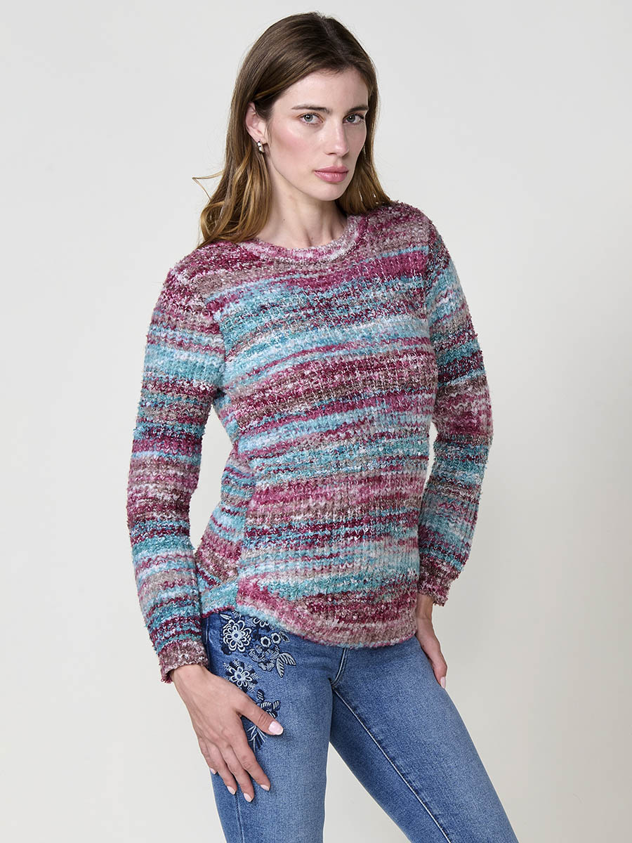 Koroshi - Jersey de punto bouclé listado multicolor para mujer con bajo redondeado y placa metálica del logo, 100% poliéster