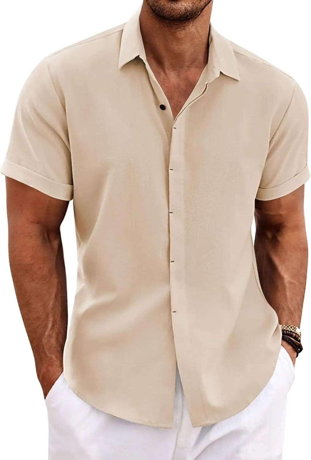 TK Camisa De Hombre Casual De Color Sólido Algodón Y Lino Cómoda De Verano Corta Para Playa Ropa Diaria Con Botones Pullover