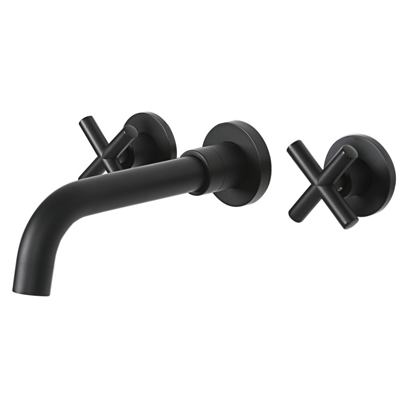 Basin Mixer Tap Matte Black Wall Mounted Bathroom Faucet Double Handle Brass Basin Mixer Tap with Rough Valve Included