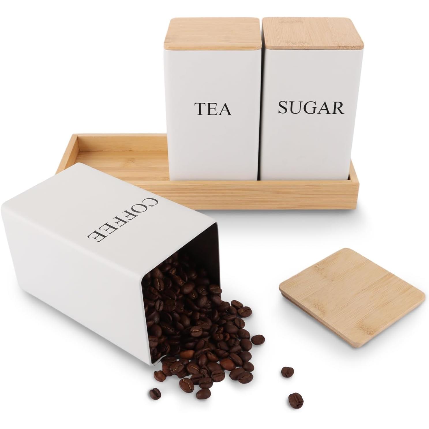 Juego de 3 tarros para té, y Azúcar Café, 8,5x8,5x15 cm, with Tapa y bandeja de Bambú