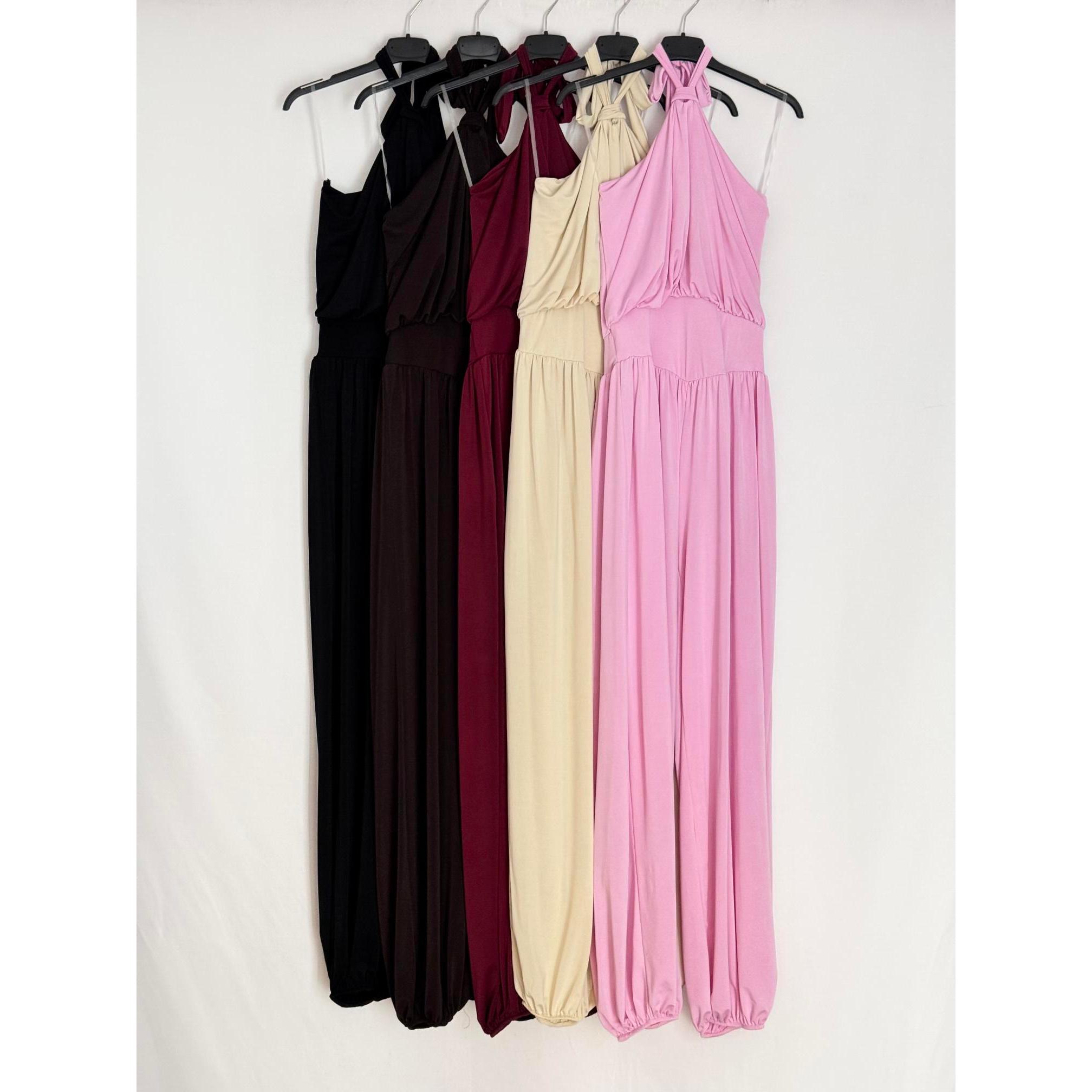 Mono Largo Fiesta Halter Crep Mujer - Elegante Mono Talla Única (34-40) con Cuello Halter Anudado, Espalda Descubierta, Cintura Ancha Ajustada y Pantalón Ancho Fluido con Bajo Abombado. Ideal Eventos y Boda. ¡Disponible en Varios Colores!
