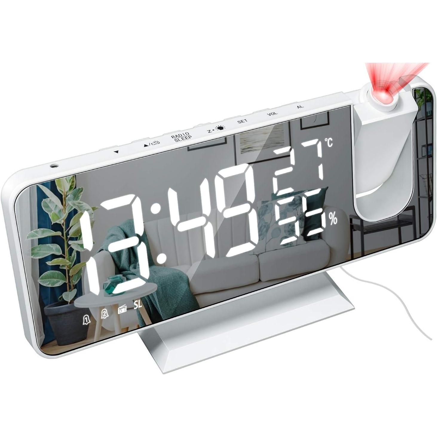 Radio Proyección Despertador LED Pantalla Grande Temperatura y Humedad Reloj Electrónico para Dormitorio Cocina Regalo - Concha Blanca Digital Blanco