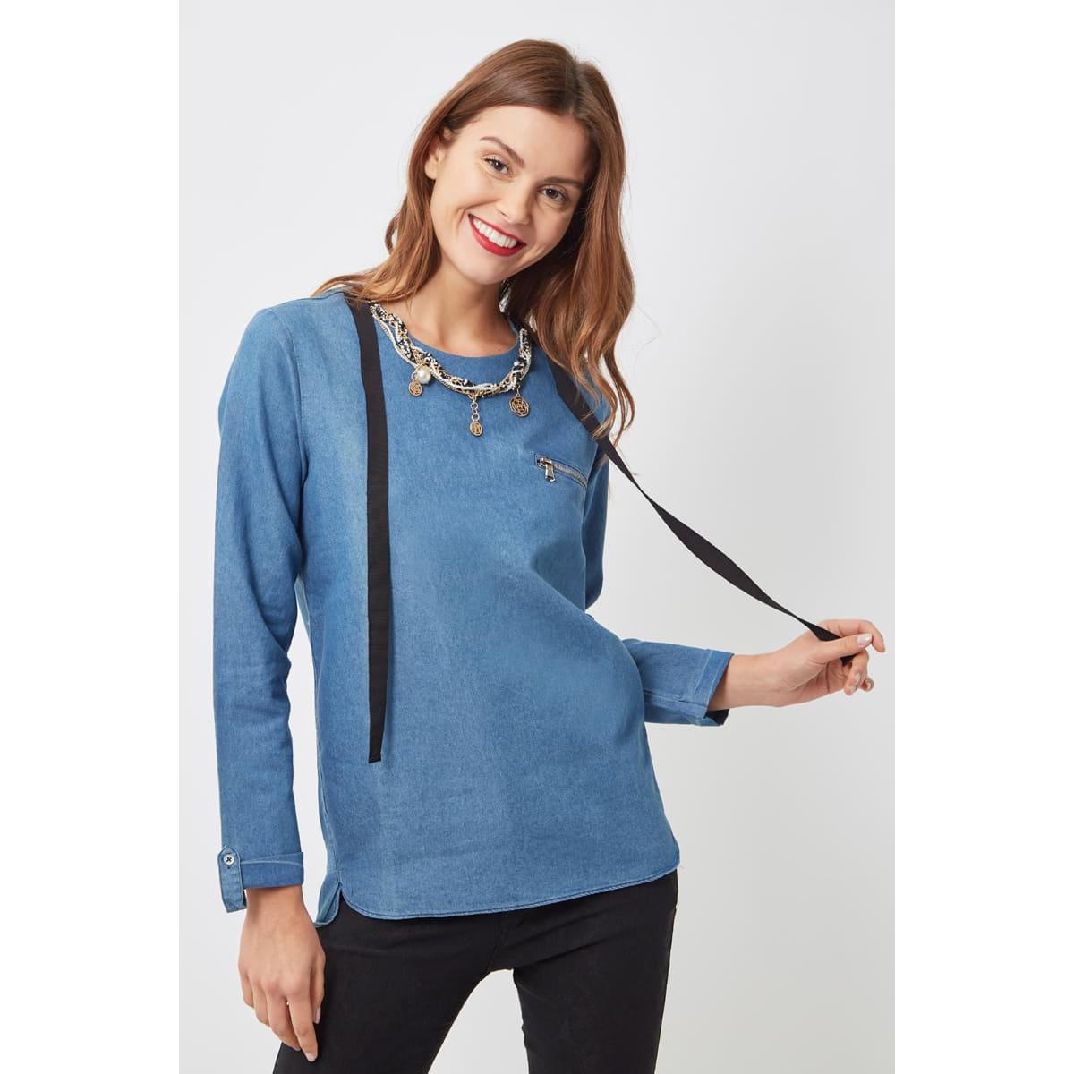 Blusa femenina denim, camisa casual, manga larga, detalle lazo, cuello redondo, tejido suave, cómoda, moderna, estilo urbano, disponible talla 38, azul, ideal oficina diario, fácil combinar, versátil ✅Entrega 24/48h