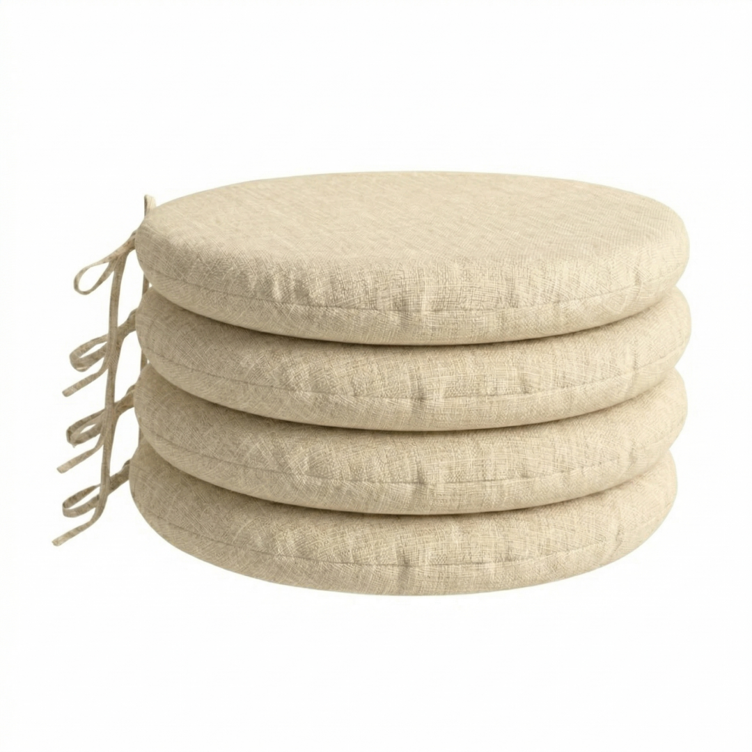 PIND Pack 2/4/6 Cojines Redondos para Silla 40x40x3,5 cm con Relleno de Espuma, con Cintas de Sujeción, Funda Efecto Lino Algodón y PES, Cojín para Taburetes, Comed