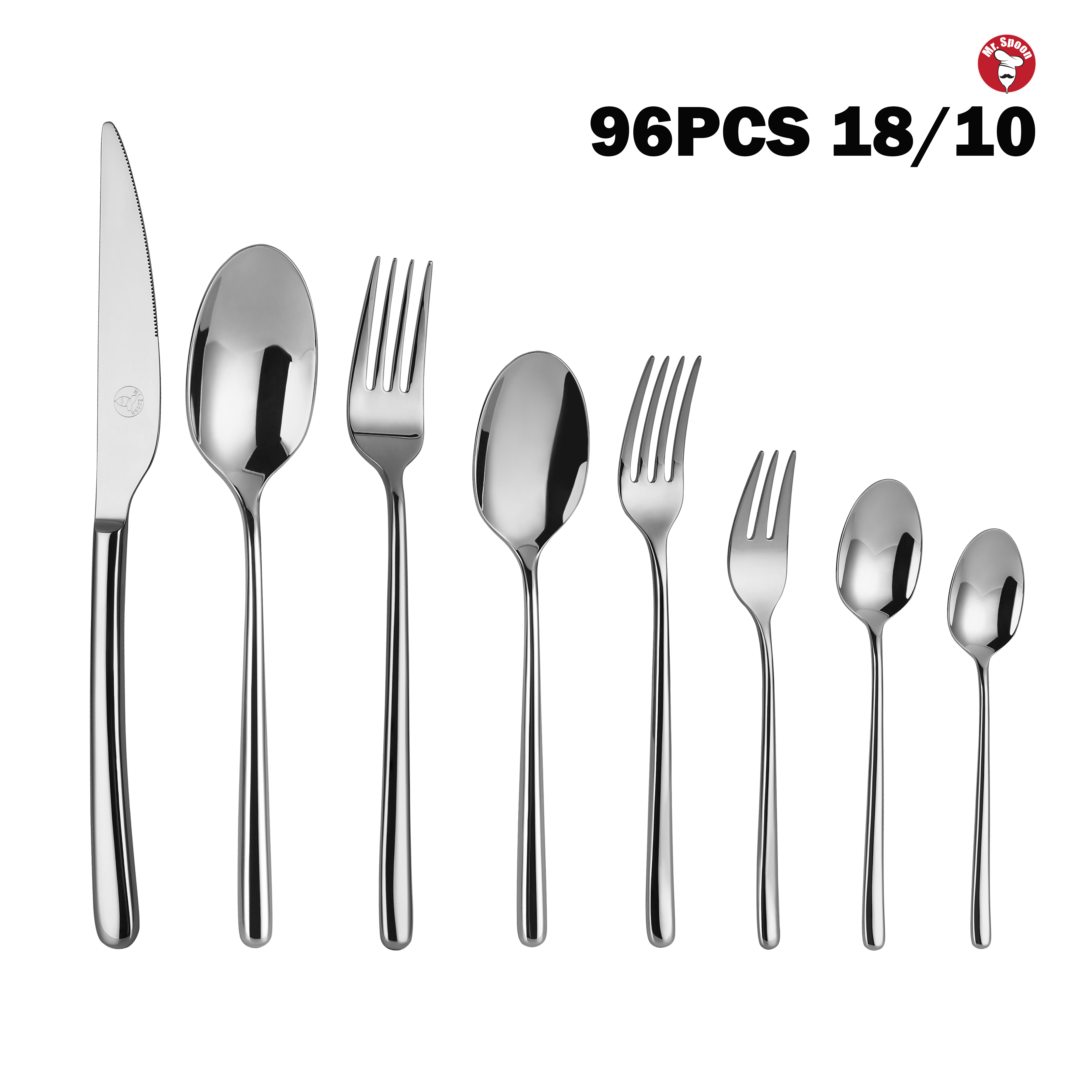 Mr.Spoon Serie Amor Juego 96 piezas cubiertos , acero inoxidable, con cuchillo sierra/mesa , 3 tenedor, 4 cuchara, 18/10, apto para lavavajillas ,Cuberteria,mango monobloque,Caja Envase Ecológico, Para Casa, Hotel, Restaurante60301/96+