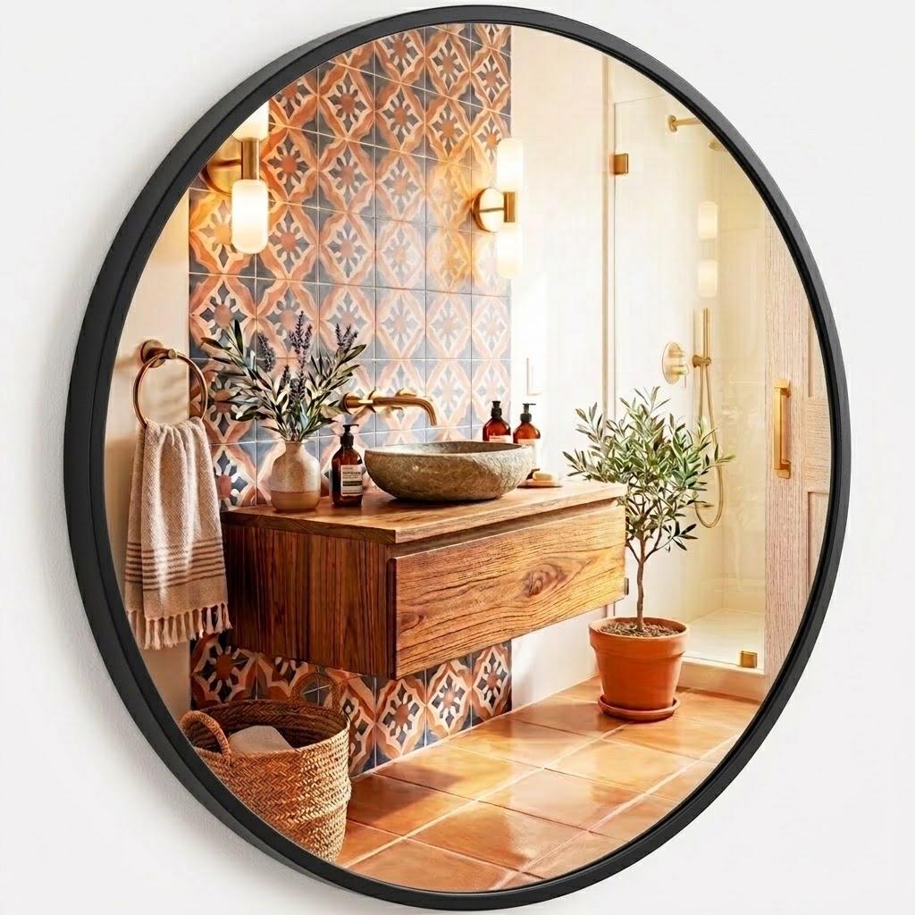 Espejo Redondo de Pared Decorativo (50-120 cm) - Marco Metálico Negro y Dorado, Espejo de Baño Moderno, Cristal HD para Recibidor, Salón y Dormitorio