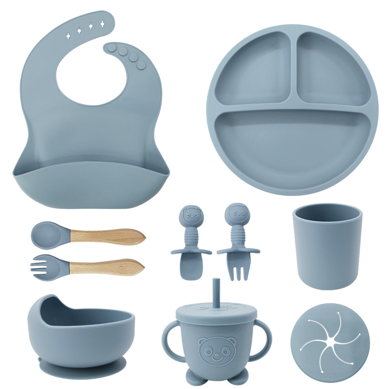Vajilla de Bebé Silicona, 10 piezas de Vajilla Infantil, Cuadertos con Plato Sucker, Plato Bebe Ventosa,Tenedor con Mango De Madera, ，Bebe de silicona, Babero Set vajilla silicona Bebe