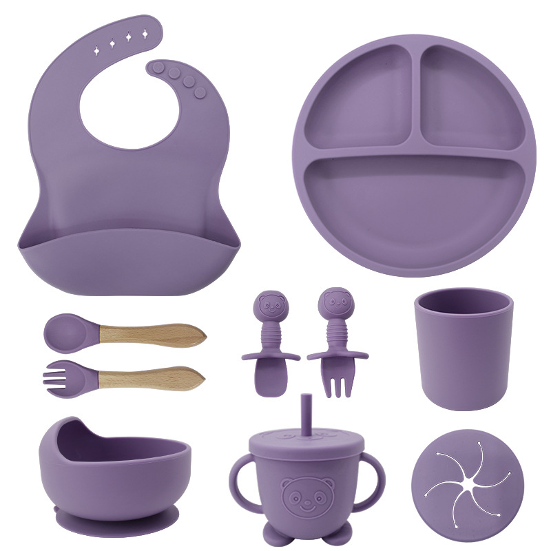 Vajilla de Bebé Silicona, 10 piezas de Vajilla Infantil, Cuadertos con Plato Sucker, Plato Bebe Ventosa,Tenedor con Mango De Madera, ，Bebe de silicona, Babero Set vajilla silicona Bebe