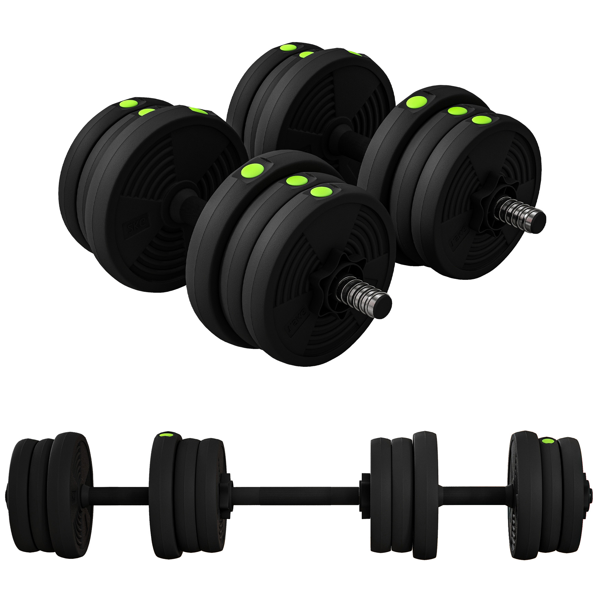 SPORTNOW Kit de Mancuernas 20kg 2 en 1 Juego de Pesas con Barra de Pesas Mango Antideslizante Mancuernas Ajustables para Entrenamiento de Fuerza en Hogar Gimnasio Oficina Negro y Verde