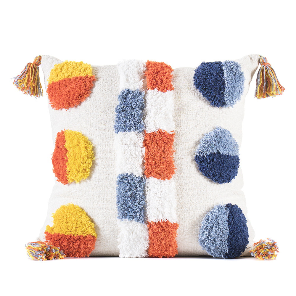 Funda de almohada de chenilla con borlas y colores contrastantes, cojín ligero de lujo