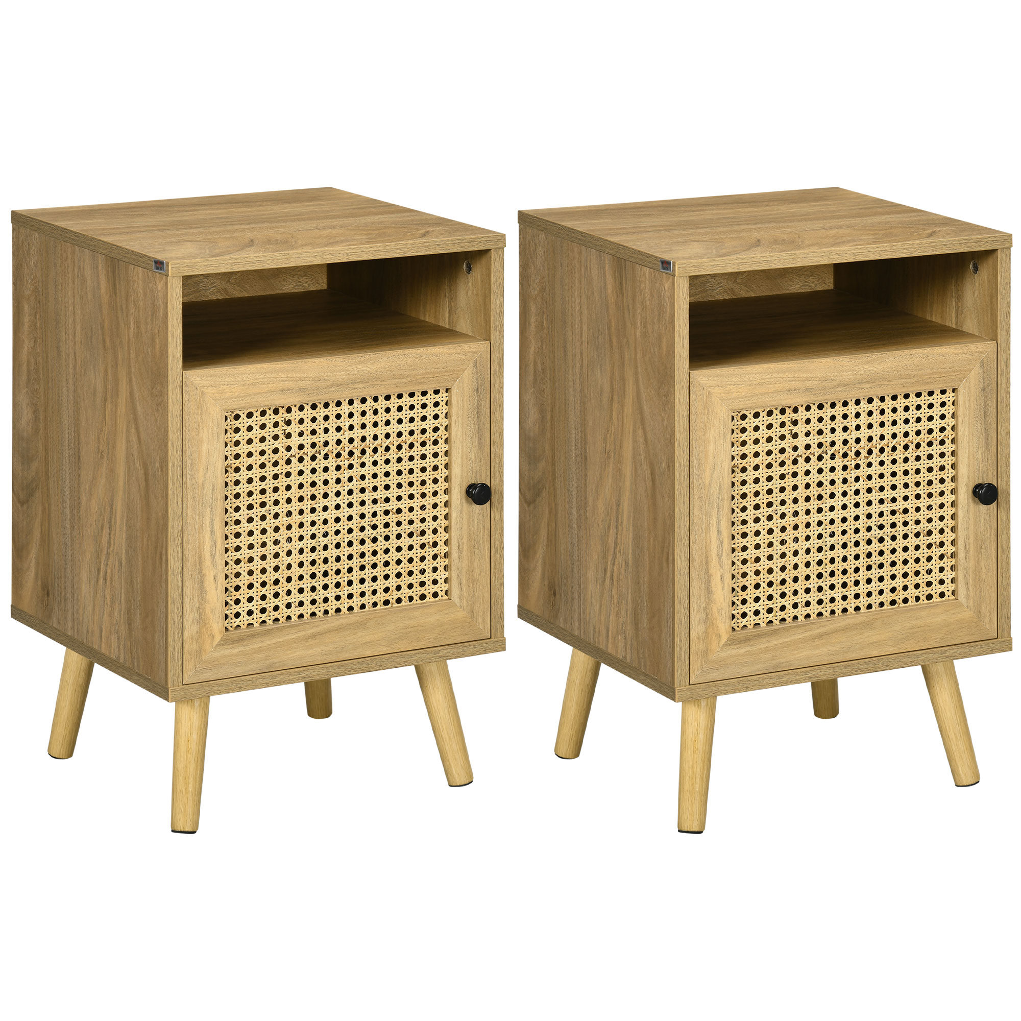 HOMCOM Mesita de Noche con Puerta de Ratán Tradicional Mesilla de Noche con Estante Abierto Mesa Auxiliar para Dormitorio Salón 39x35x60 cm Natural