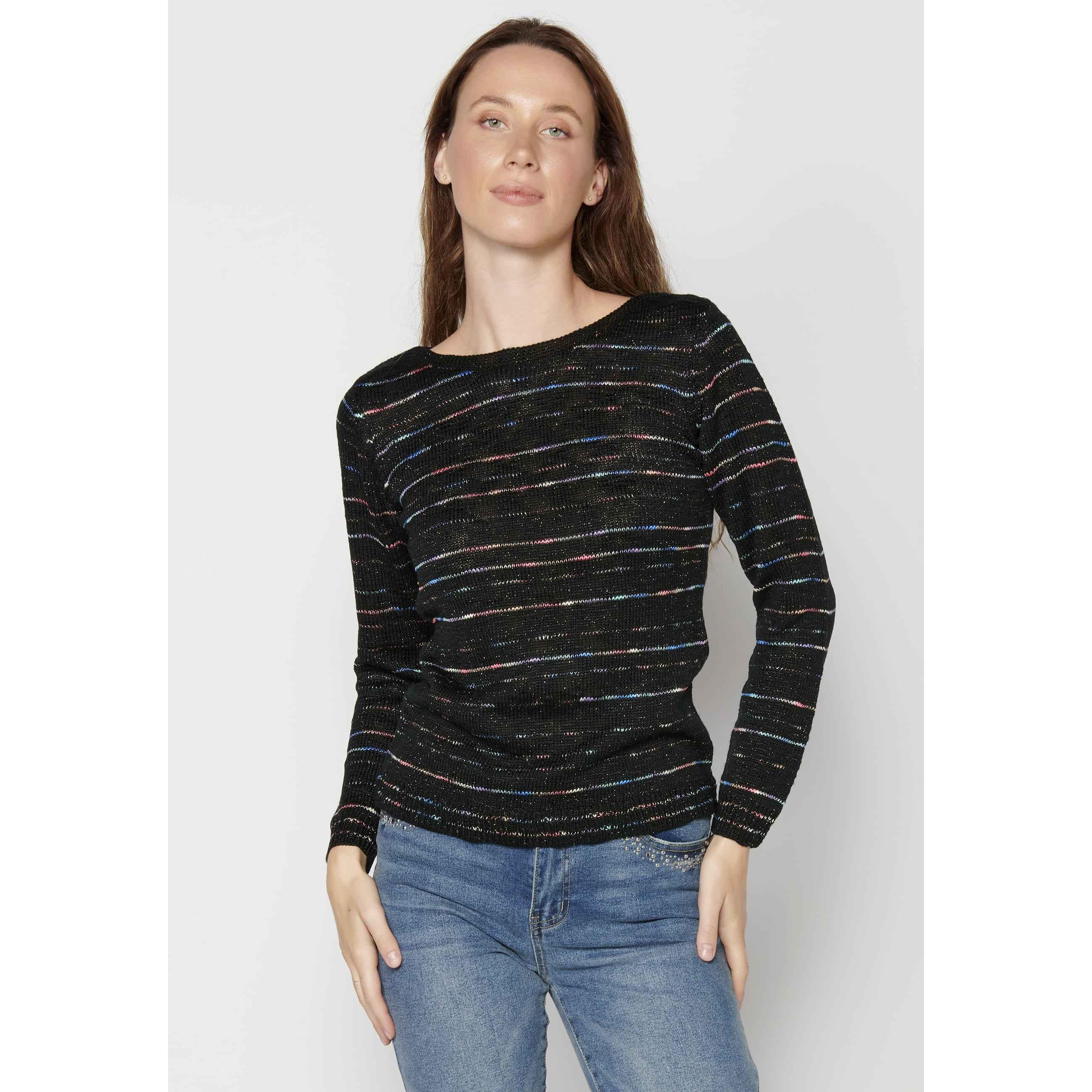 Koroshi - Jersey de punto calado con cuello cuadrado para mujer, manga larga en negro, diseño exclusivo entretiempo