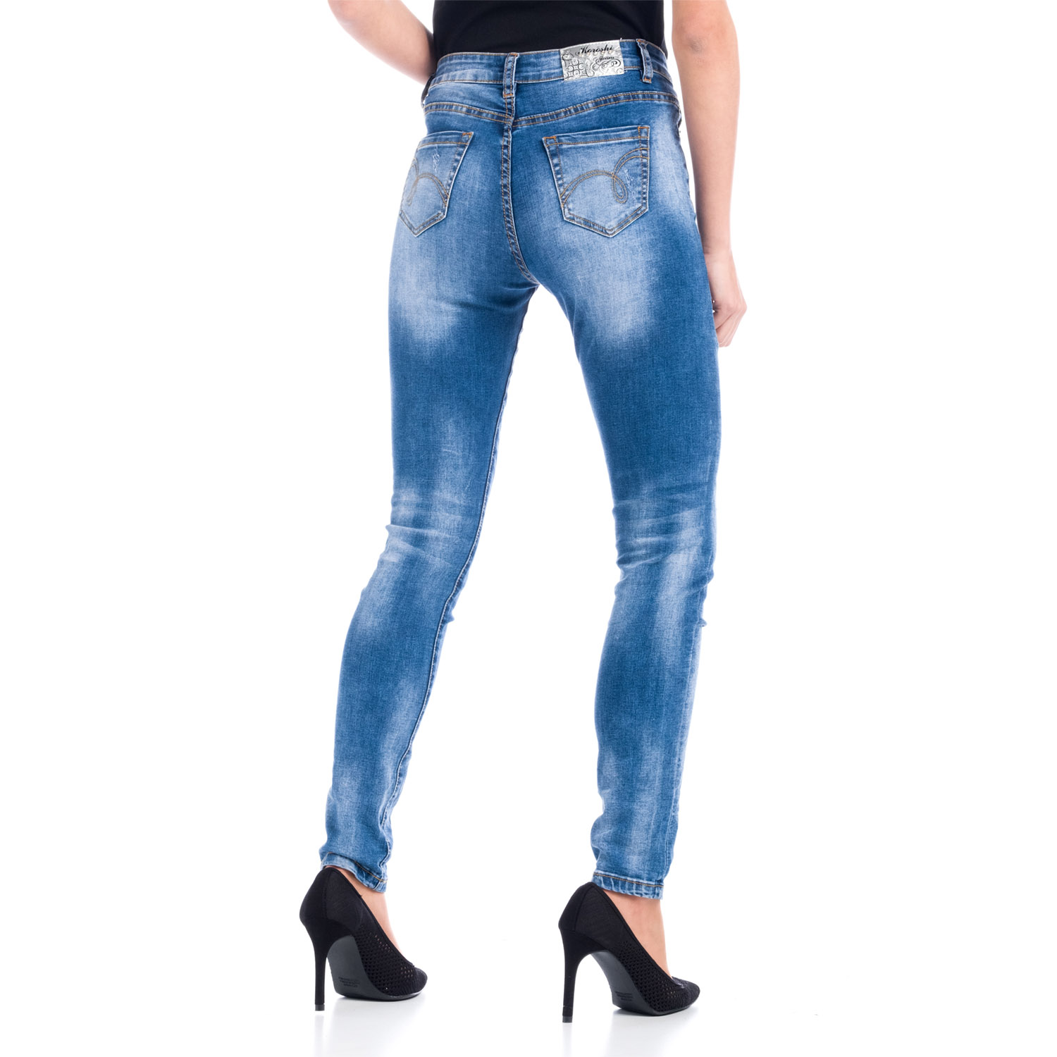 Koroshi - Pantalón vaquero elástico ajustado con detalles de perlas y desgastes deshilachados