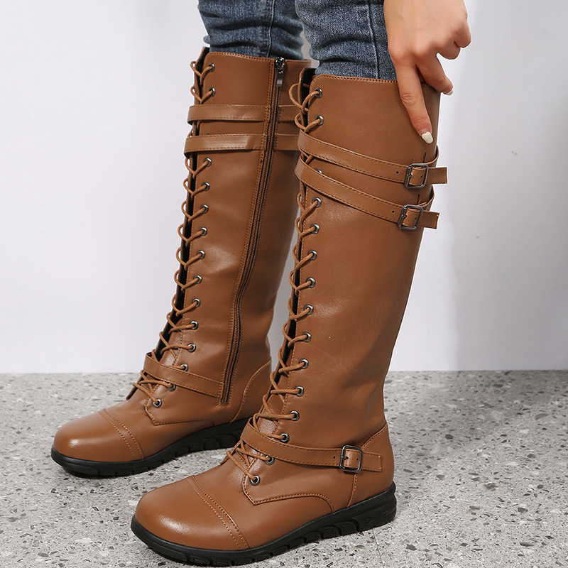Om Home Botas de mujer de gran tamaño, nuevo Botas Altas con Cremallera lateral, BOTAS de Caballero con cinturón de Fondo Plano, BOTAS de Cuero.