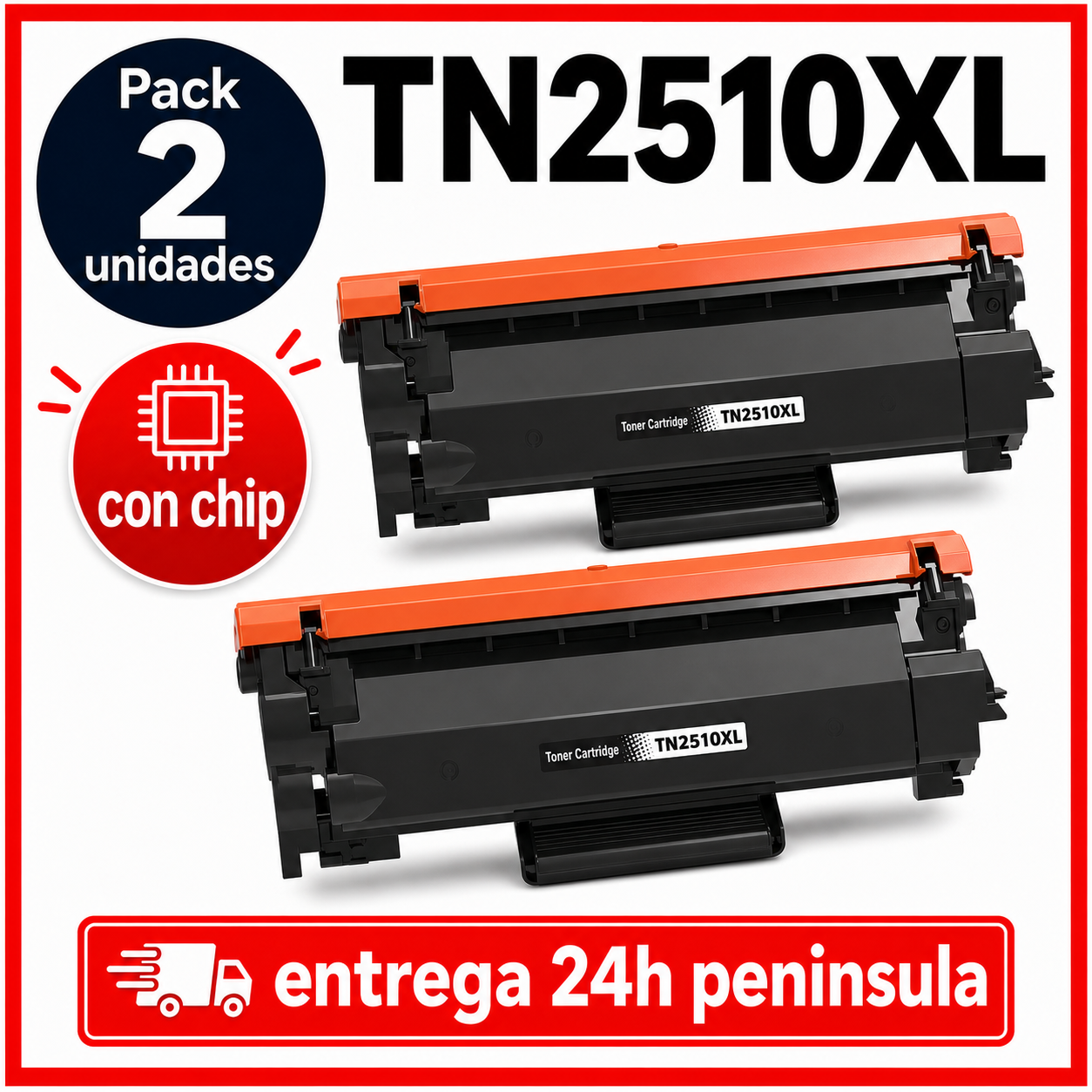 Pack 2 Cartuchos de Tóner Compatible Brother TN-2510XL Negro – XL Alta Capacidad 3000 Páginas con Chip – HL-L2400DW DCP-L2627 MFC-L2800DW