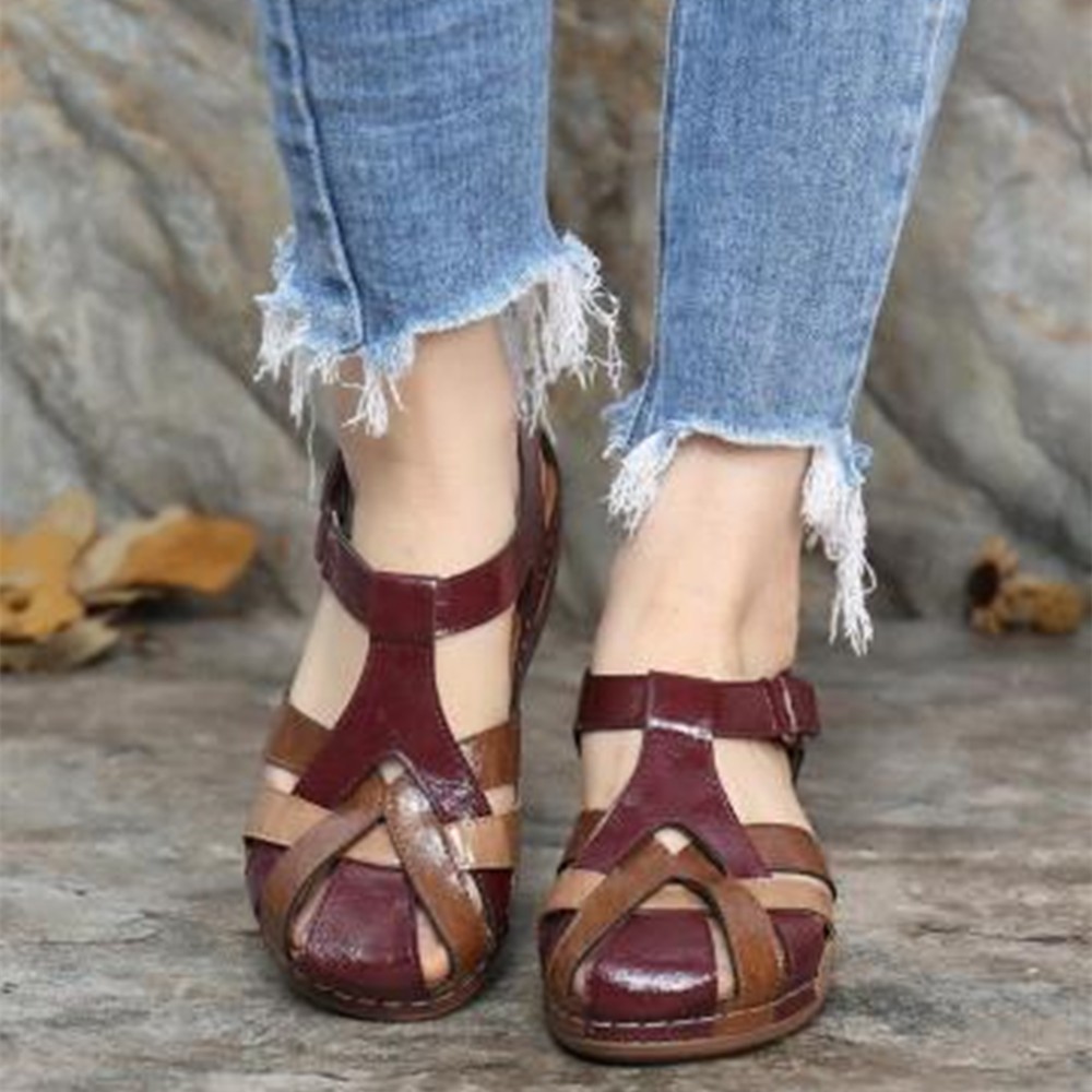 TK Sandalias de Mujer with Cabeza Cruzada y Tacón de cuña y Punta Redonda estilo retro de Verano de gran tamaño.