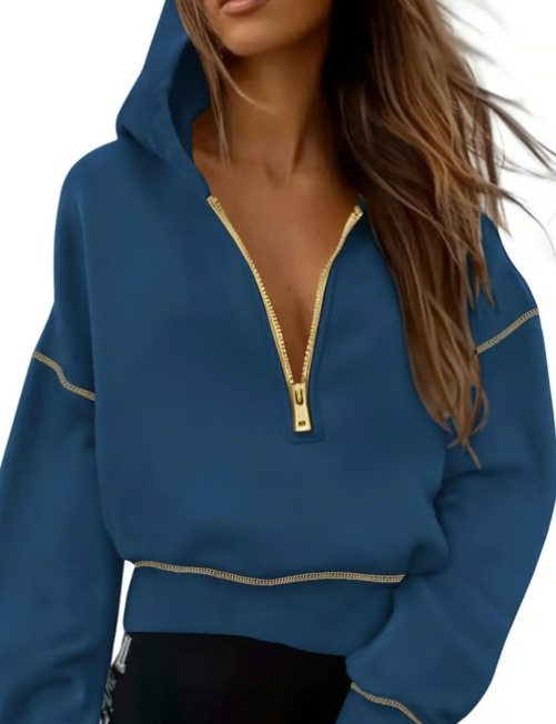 Sudaderas con capucha para mujer, manga larga, media cremallera, recortadas, sin botones, ropa de moda