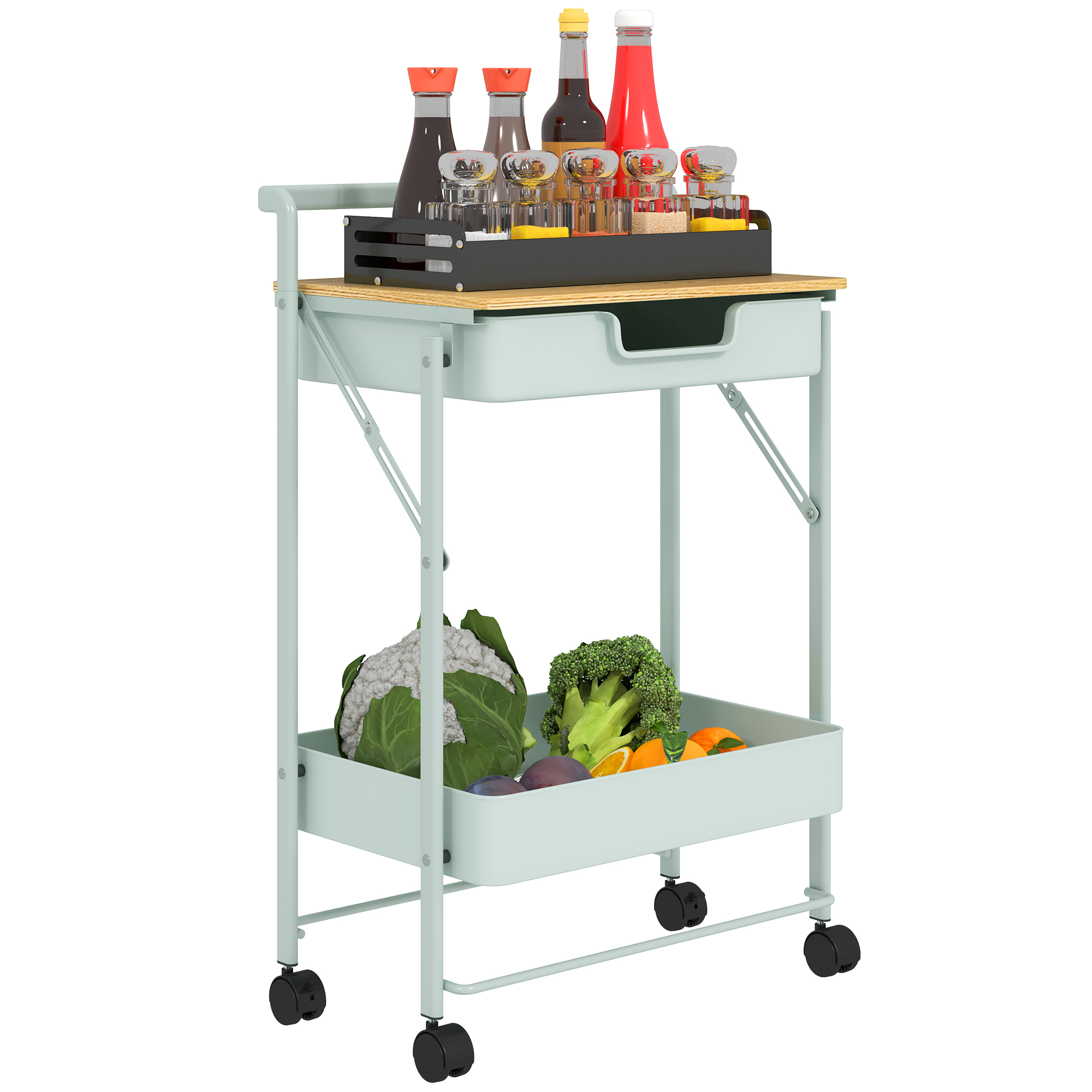 HOMCOM Carrito Auxiliar con Ruedas de 2 Niveles Carro de Cocina con 1 Cajón y 1 Cesta Carrito Organizador para Dormitorio Salón Oficina Verde Claro