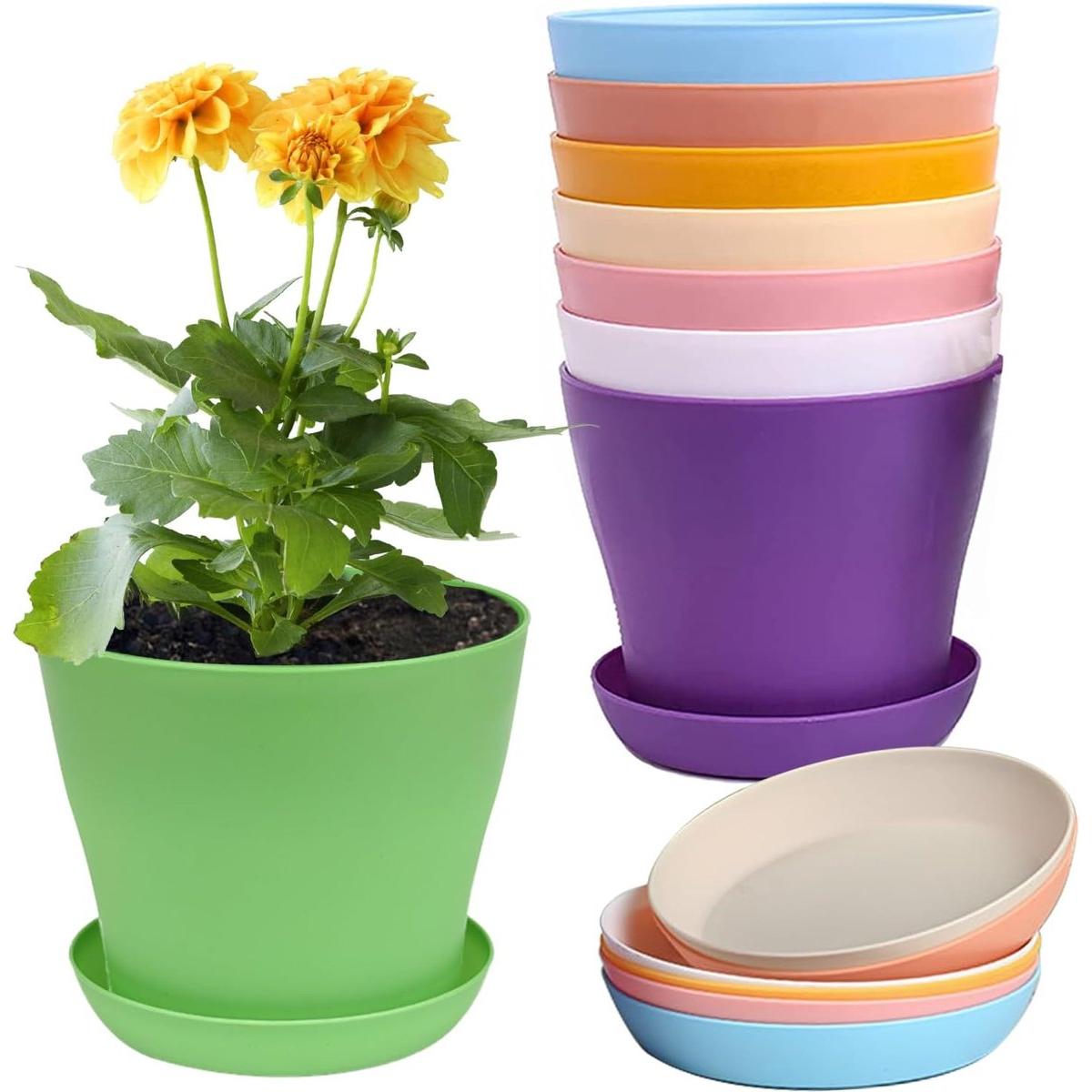 piezas - Macetas - Macetas de plástico - Jardineras - Macetas decorativas - Macetas coloridas - con platillos - para cultivar plántulas y plantas en miniatura - para jardín, oficina o balcón - 14 x 12 cm - 8 colores