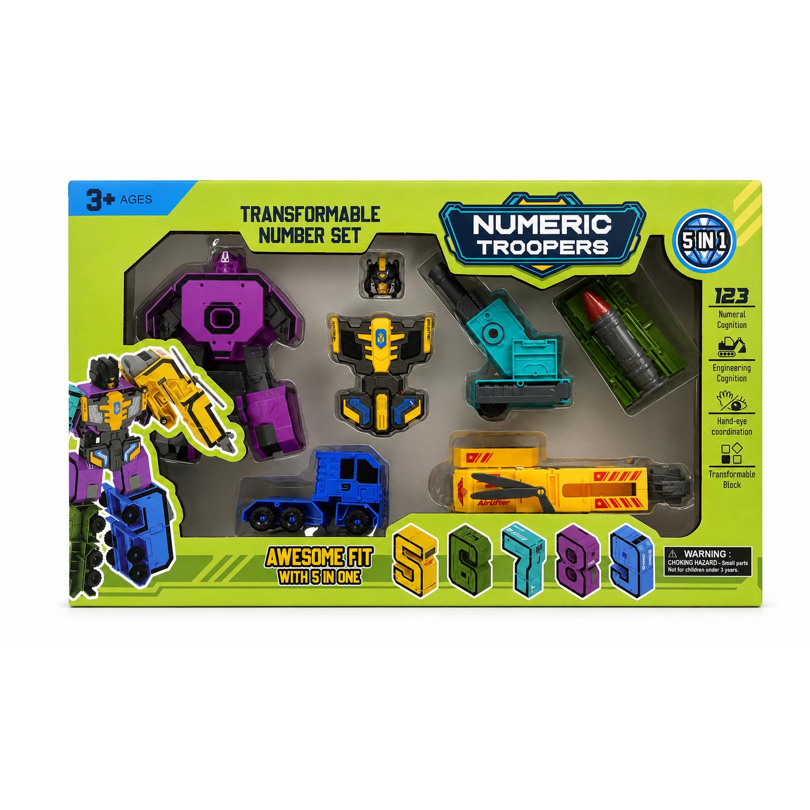 Robot Transformable de Números 5 en 1 para Niños, Juguete Educativo de Construcción con Números Transformables 5-9, Juego STEM de Ingeniería y Ensamblaje, Regalo para Niños y Niñas 3+ Años,PapaNoel Toys