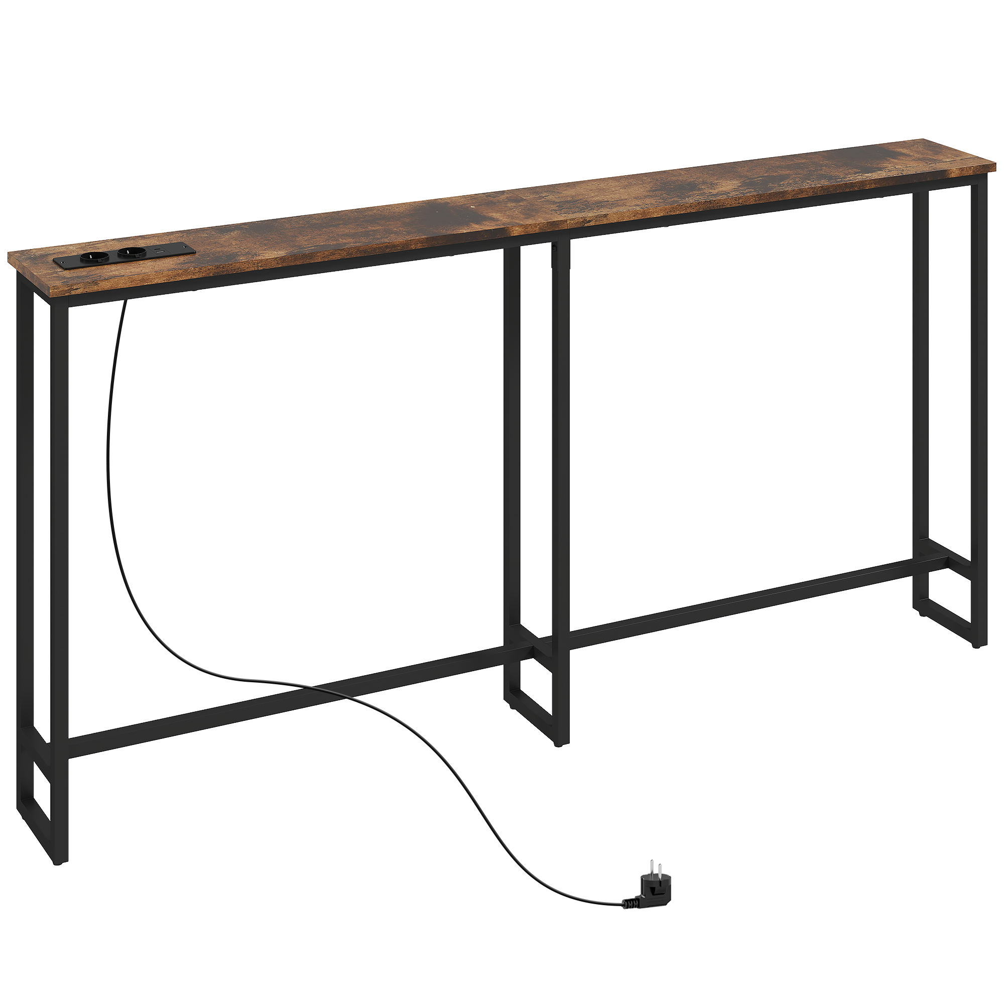 HOMCOM Mesa de Consola Estrecha 160 cm con Estación de Carga Consola de Recibidor Mesa de Sofá Marco de Acero Estilo Industrial para Pasillo Entrada Salón Dormitorio Marrón Rústico