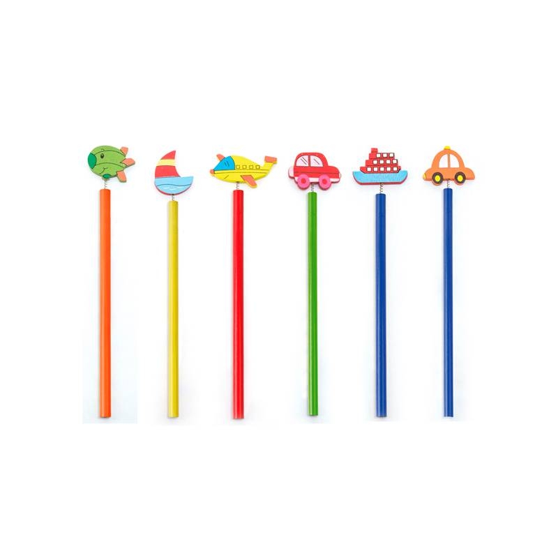Lote 12 Lápices de madera con divertidos diseños de medios de transportes - Regalos Baratos Niños Cumpleaños, Comuniones