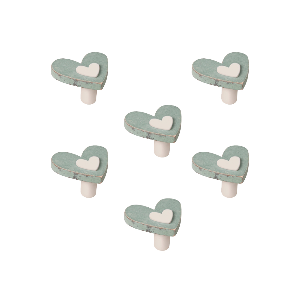 6 Un. Pomo TIRADOR Mueble BEBÉ corazón madera verde SHABBY CHIC 54x46MM para cajón cómoda y armario