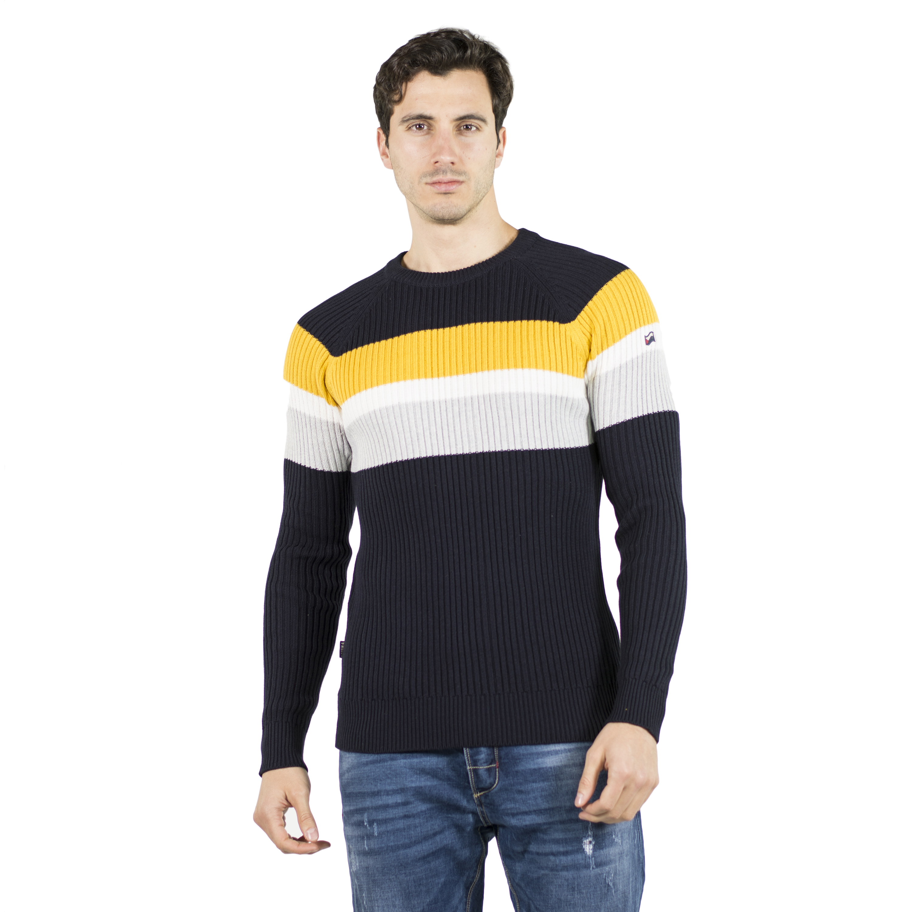 Koroshi - Jersey de punto canalé para hombre con rayas a contraste y bordado en manga, 100% algodón fino, estilo urbano casual entretiempo