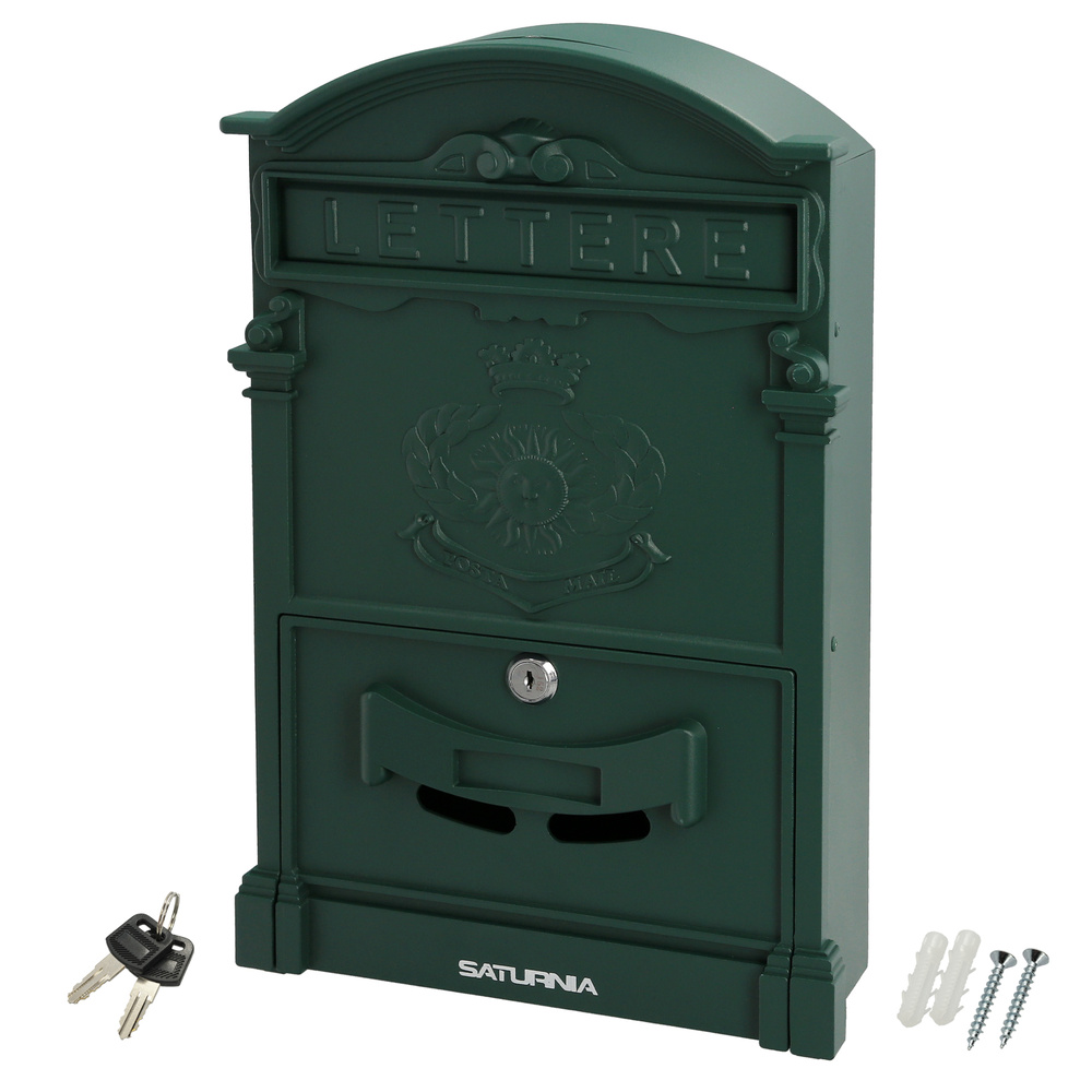 SATURNIA Buzón Exterior de Pared Modelo "Palace" 25,5x41x9 cm | Buzón de Aluminio Fundido Antióxido para Cartas y Correos con Cerradura, Visor y 2 Llaves | Para Jardín, Chalet o Fachada (Disponible en Verde, Blanco y Negro)