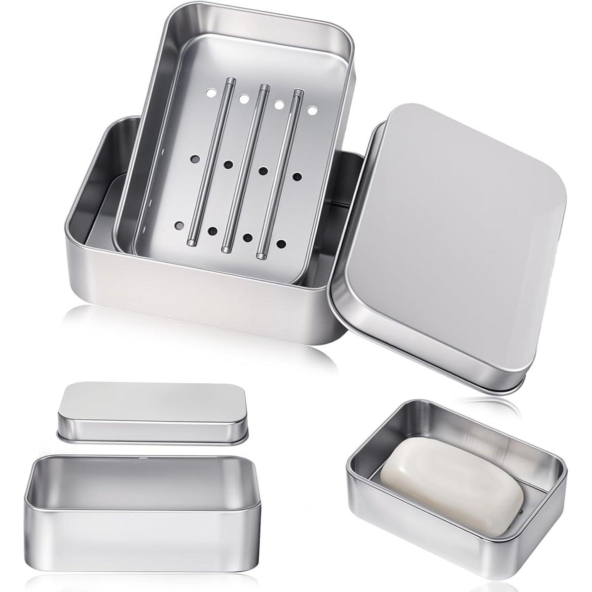 Porte-savon - 3 pièces - Salle de bain - Porte-savon Douche - Aluminium - Boîte à savonPorte-savons - Met deksel - Porte-savon avec évacuation - Accessoires de salle de bain - Pour les vacances et les voyages - 96*68*30 mm - Argent