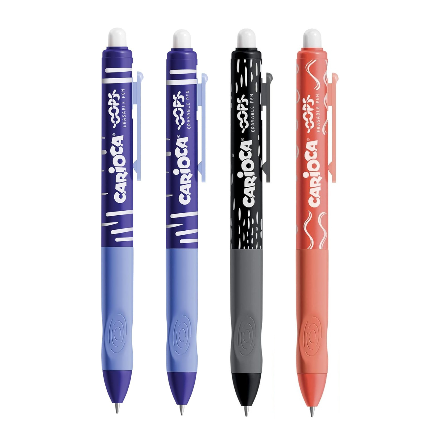 Carioca Oops 4x Boligrafo Borrable Boli Retráctil de Punta Media con Tinta Termosensible, Punta de Ø 0.7mm, Empuñadura Ergonómica, Para la Escuela, Cole, Oficina, Material Escolar y de Oficina. Vuelta al Cole. Recambio, Colores: 2x Azul, 1x Negro, 1x Rojo