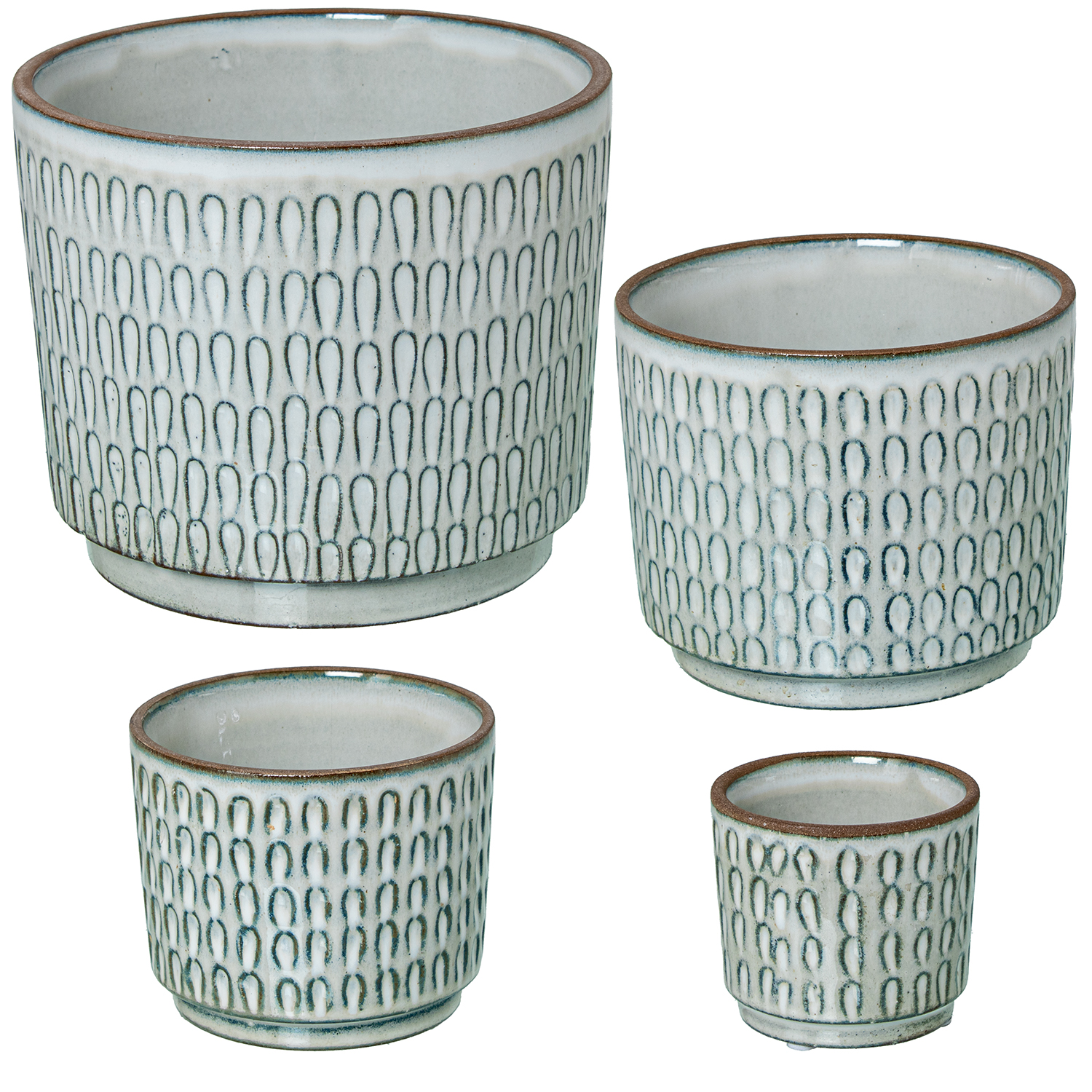 Set 4 maceteros ceramica blanco lacado decoración lobulos 18x15 y 14x12 y 11x9 y 8x7cm