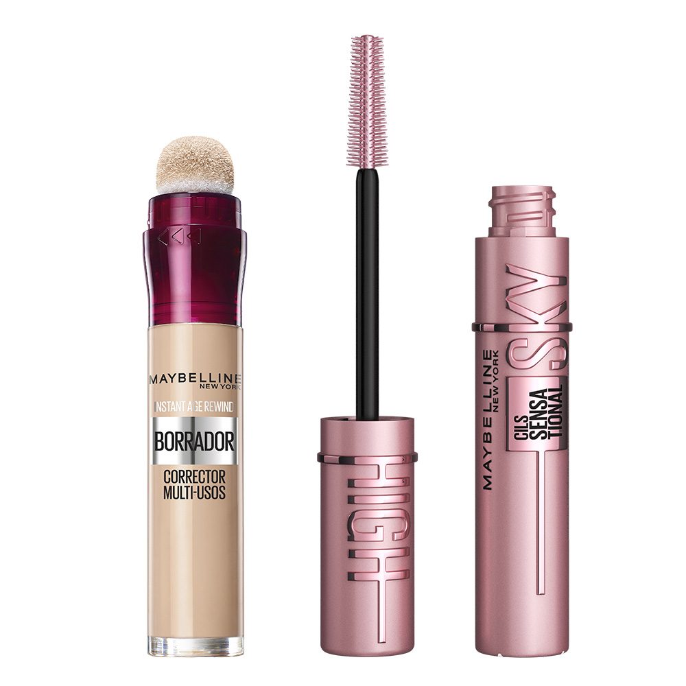Maybelline New York | Duplo Máscara de pestañas lash sensational Sky High + Borrador Instant Age Rewind Concealer corrector ojeras tono Light