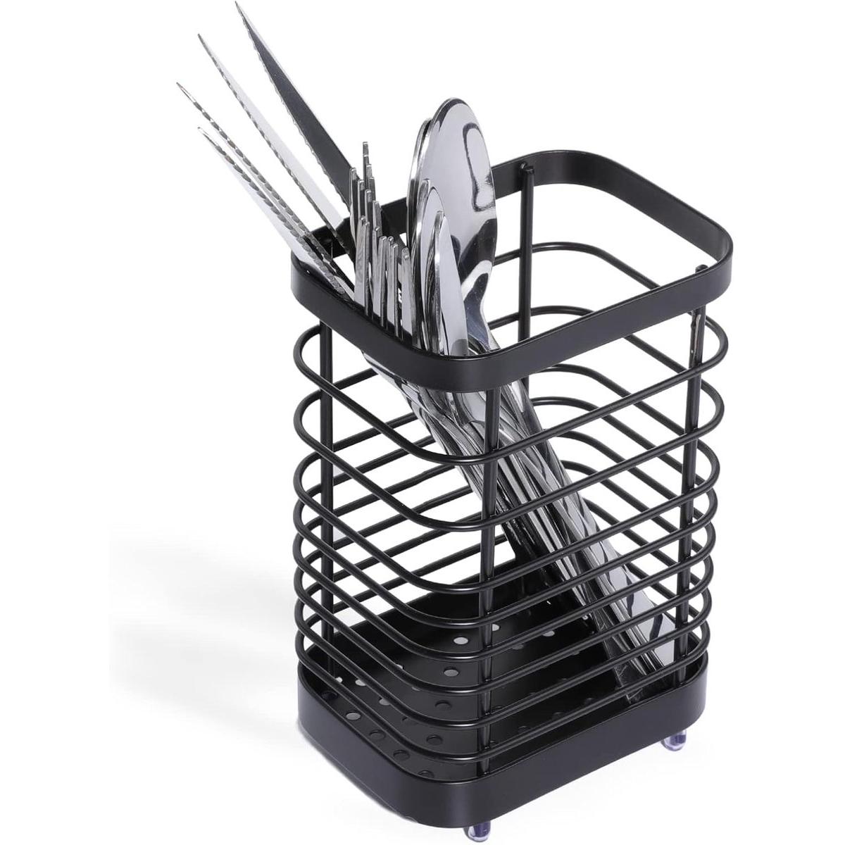 Cesta para cubiertos de acero inoxidable - soporte para utensilios de cocina - metal - acero inoxidable - cesta pequeña para organizar cajones y encimeras de cocina - 10 x 7,5 x 15 cm (largo x ancho x alto) - negro