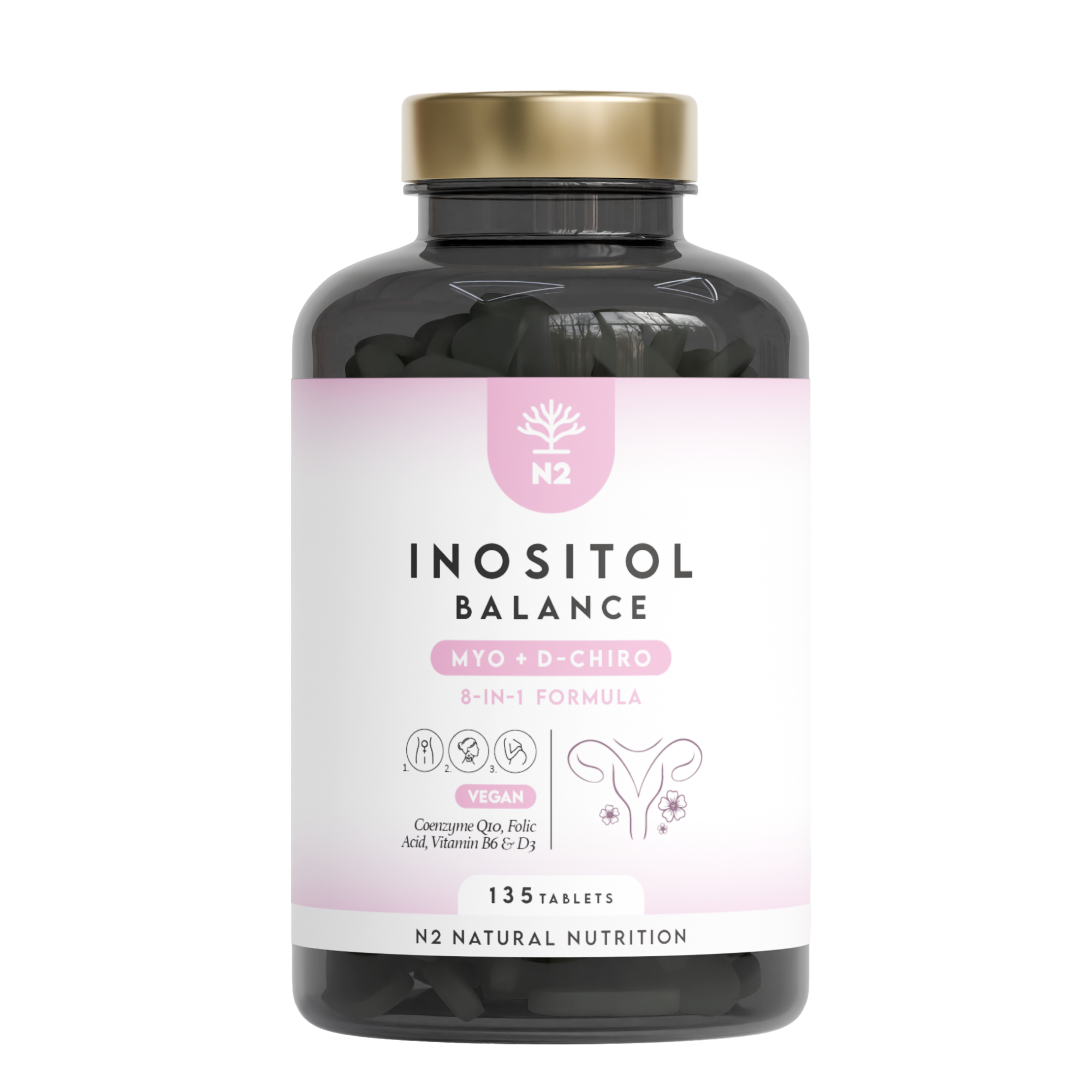 Myo-Inositol y D-Chiro Inositol en ratio fisiológico 40:1. Con Vitamina D, Vitamina B6, Cromo, Ácido Fólico, Selenio y Coenzima Q10. 135 tabletas