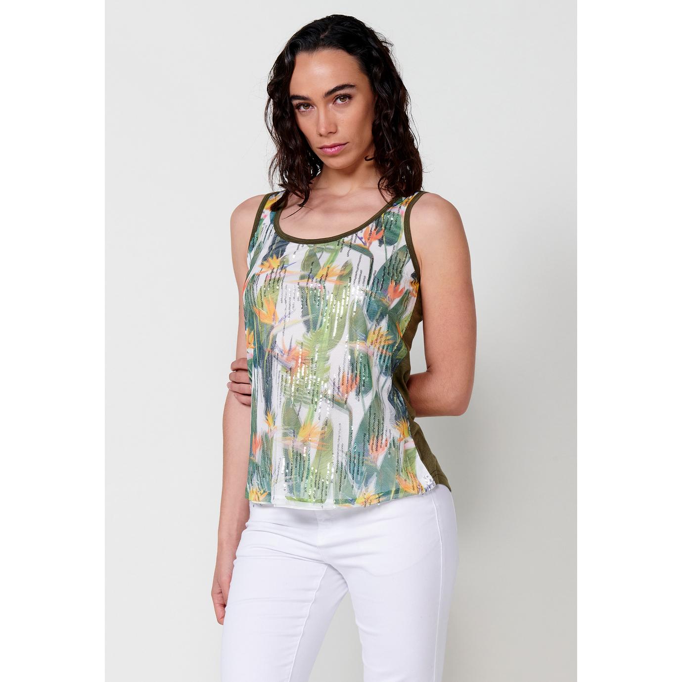Koroshi - Top sin mangas de tul con estampado floral y lentejuelas para mujer, tejido elástico 95% poliéster 5% elastano, estilo elegante y versátil kaki