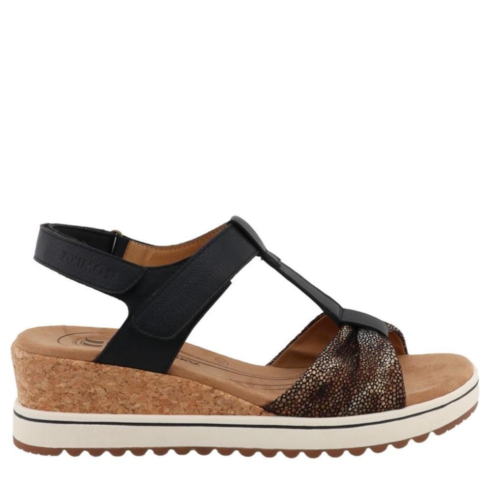 Cómoda  Cómoda sandalia mujer de ROMIKA modelo 95R0072006 en suave tejido tonos negros. Ajuste velcros. Planta acolchada. Cuña ligera y piso con dibujo antideslizante Altura Tacón bajo (3-5 cm) Referencia 95R0072006
