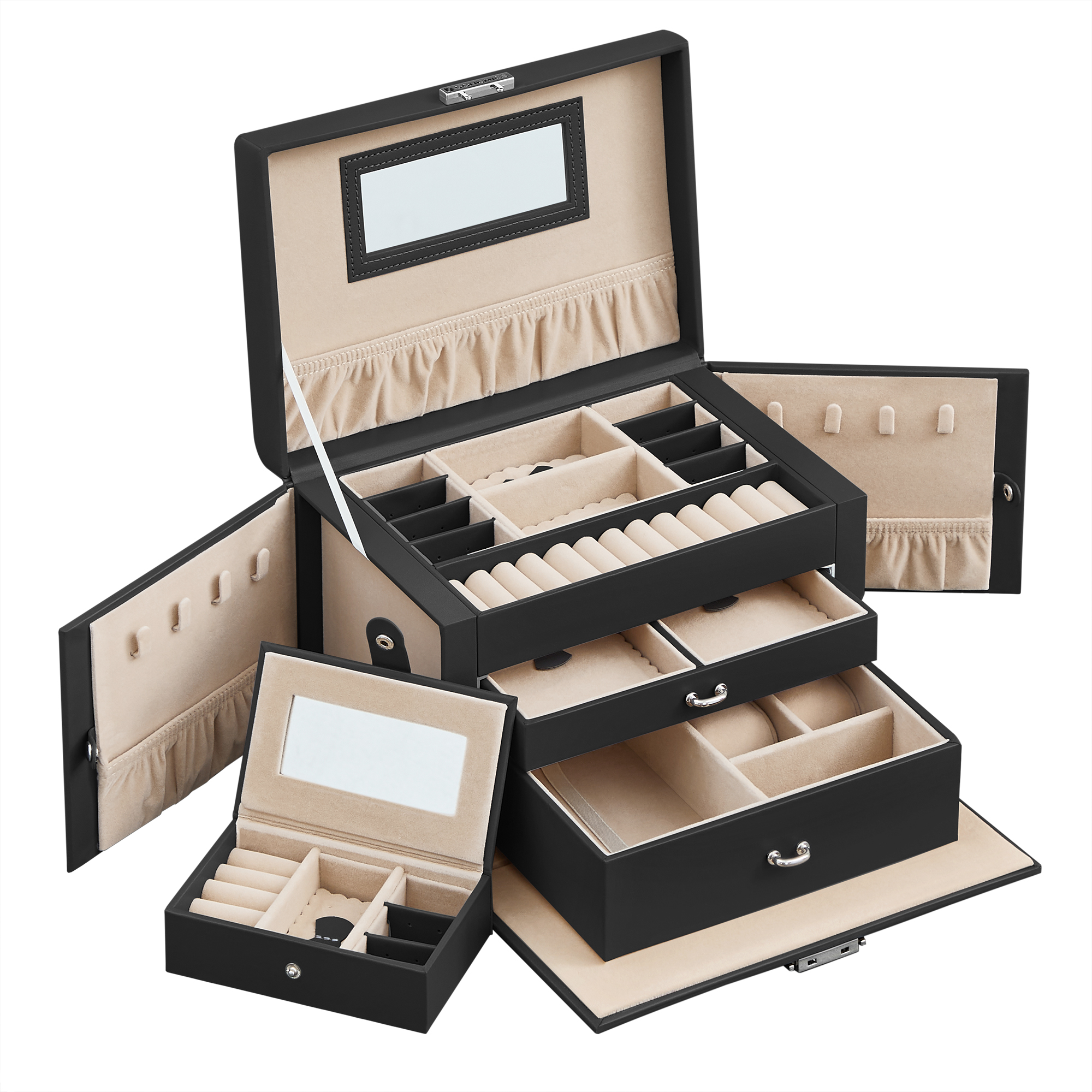 SONGMICS Joyero con 2 Cajones, Caja Almacenamiento para Joyas de 3 Niveles, con Mini Caja Portátil para Viajar, con Asa, Cerradura, Blanco/Negro/Forro Interior Blanco Crema/Gris/Color Verde Laurel, Forro Interior Blanco Crema, Regalo de Navidad