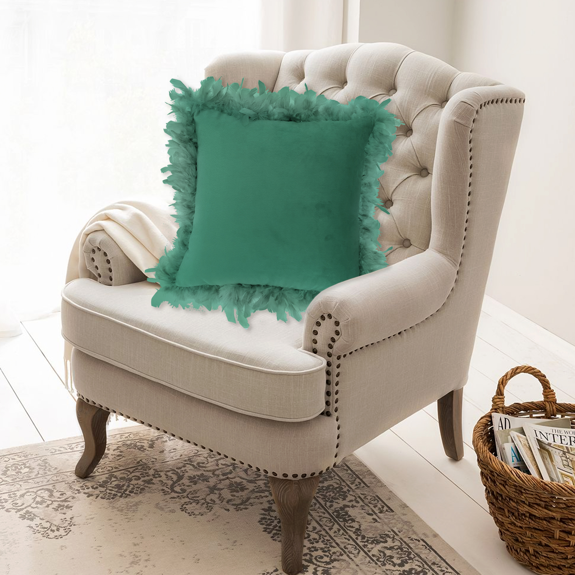 Vivid Torral - Cojín decorativo de terciopelo con plumas y relleno incluido 45 x 45 cm (5 colores: Rosa, Gris, Verde, Blanco y Negro)