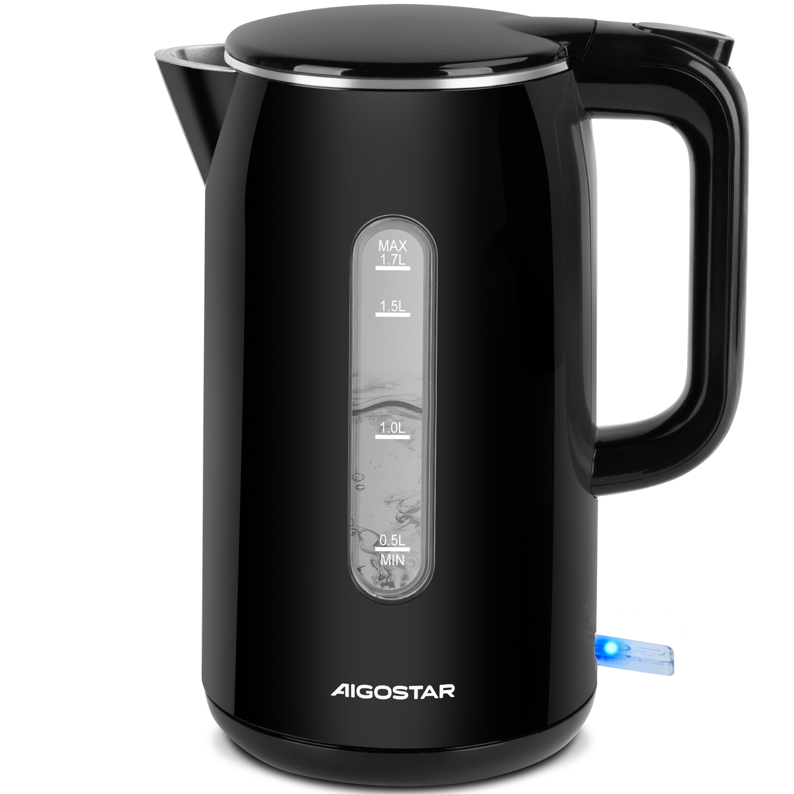 Aigostar Hervidor de Agua Eléctrico 1.7L 2200W Negro con Doble Capa Anti-Quemaduras, Ventana de Agua y VDE - Protección contra Ebullición en Seco, Apagado Automático, Base Giratoria 360° y Luz Indicadora Azul