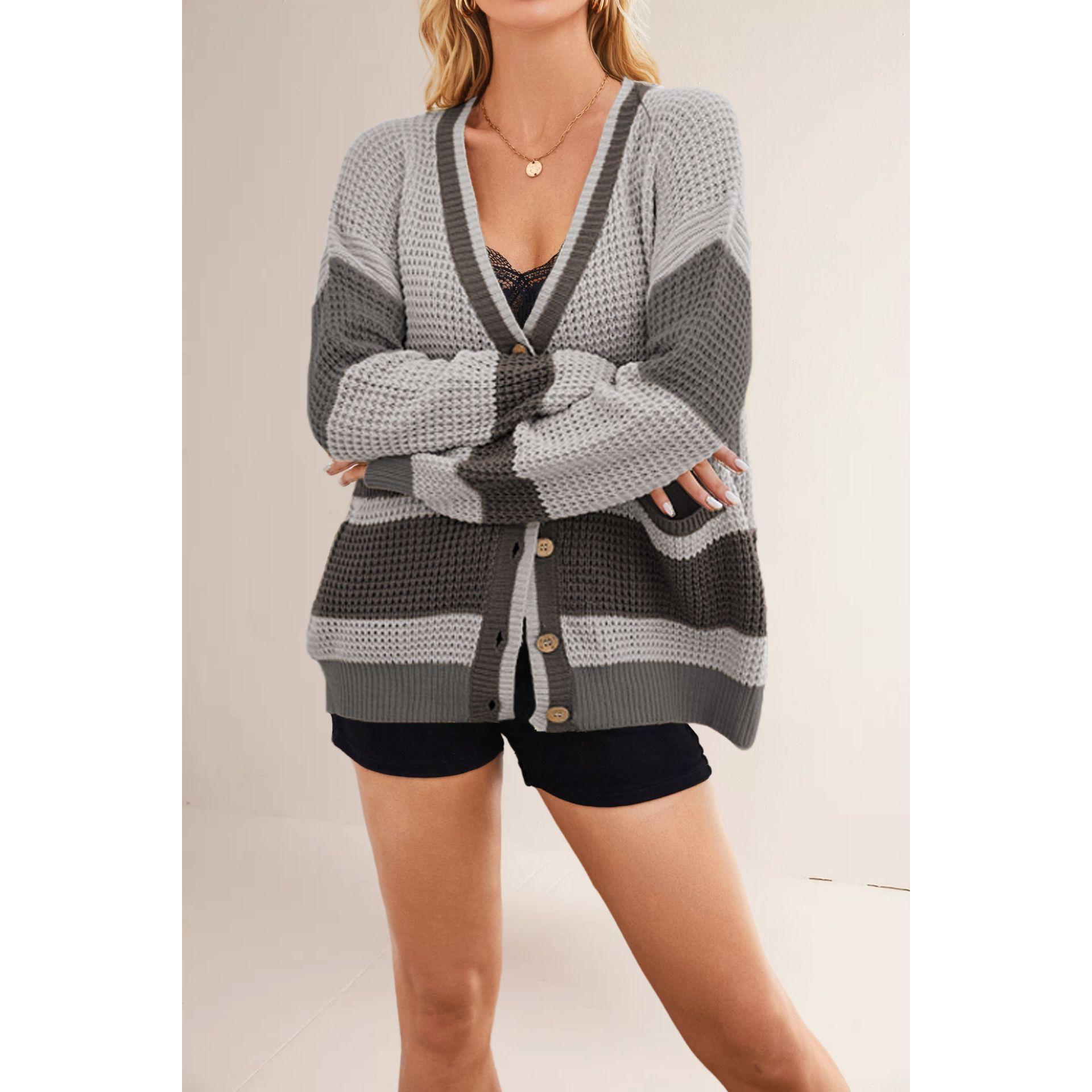 TK Suéter de punto para mujer, otoño/invierno, con cuello en V, talla grande, bolsillos y bloques de color.