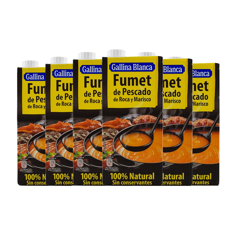 Fumet de Pescado de Roca y Marisco Gallina Blanca 1L | Pack 6 Bricks | Caldo Concentrado para Paellas, Arroces y Sopas | Sabor Intenso del Mar