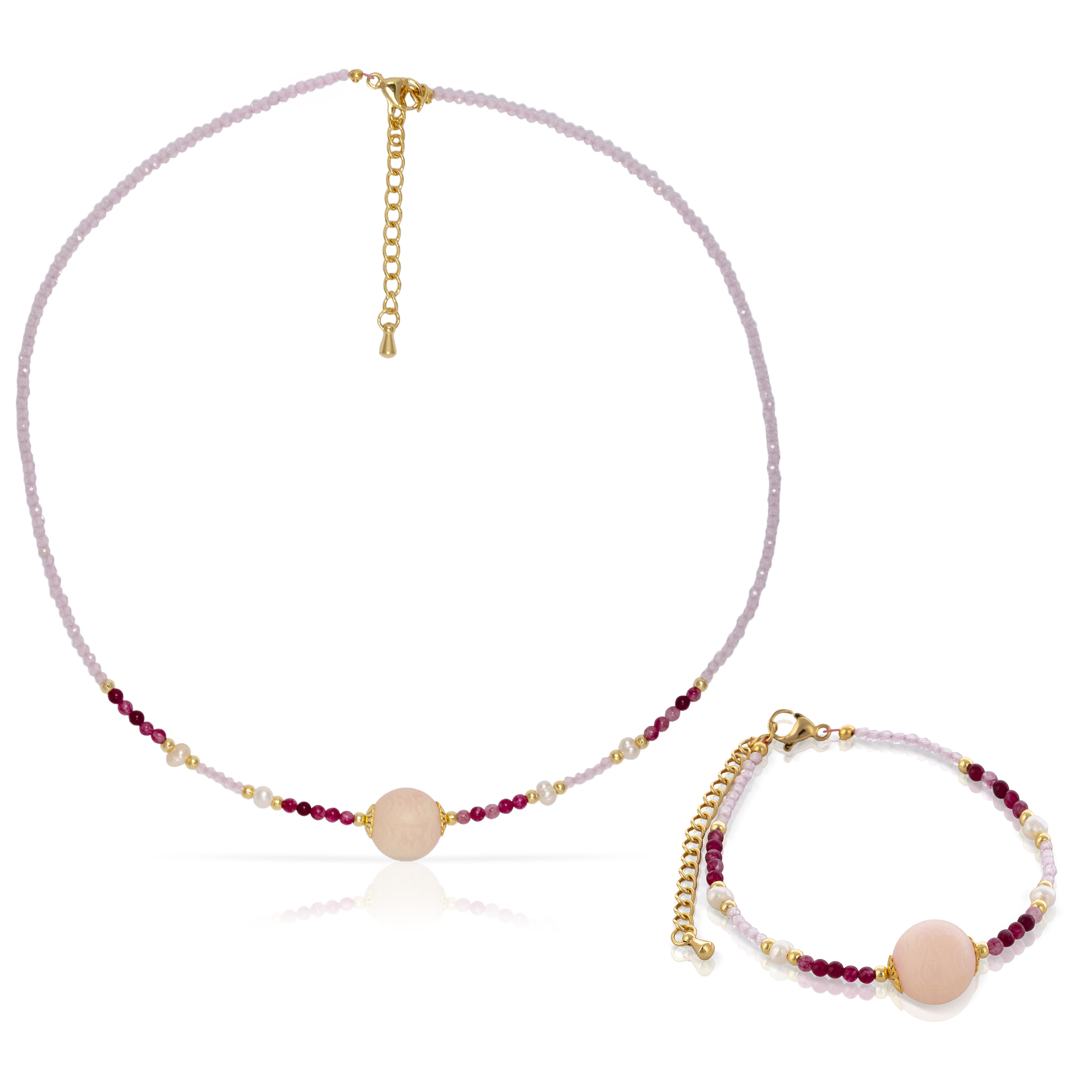 Veritas Set de pulsera y collar a juego de perlas naturales con cuentas de turmalina y circón rosa.