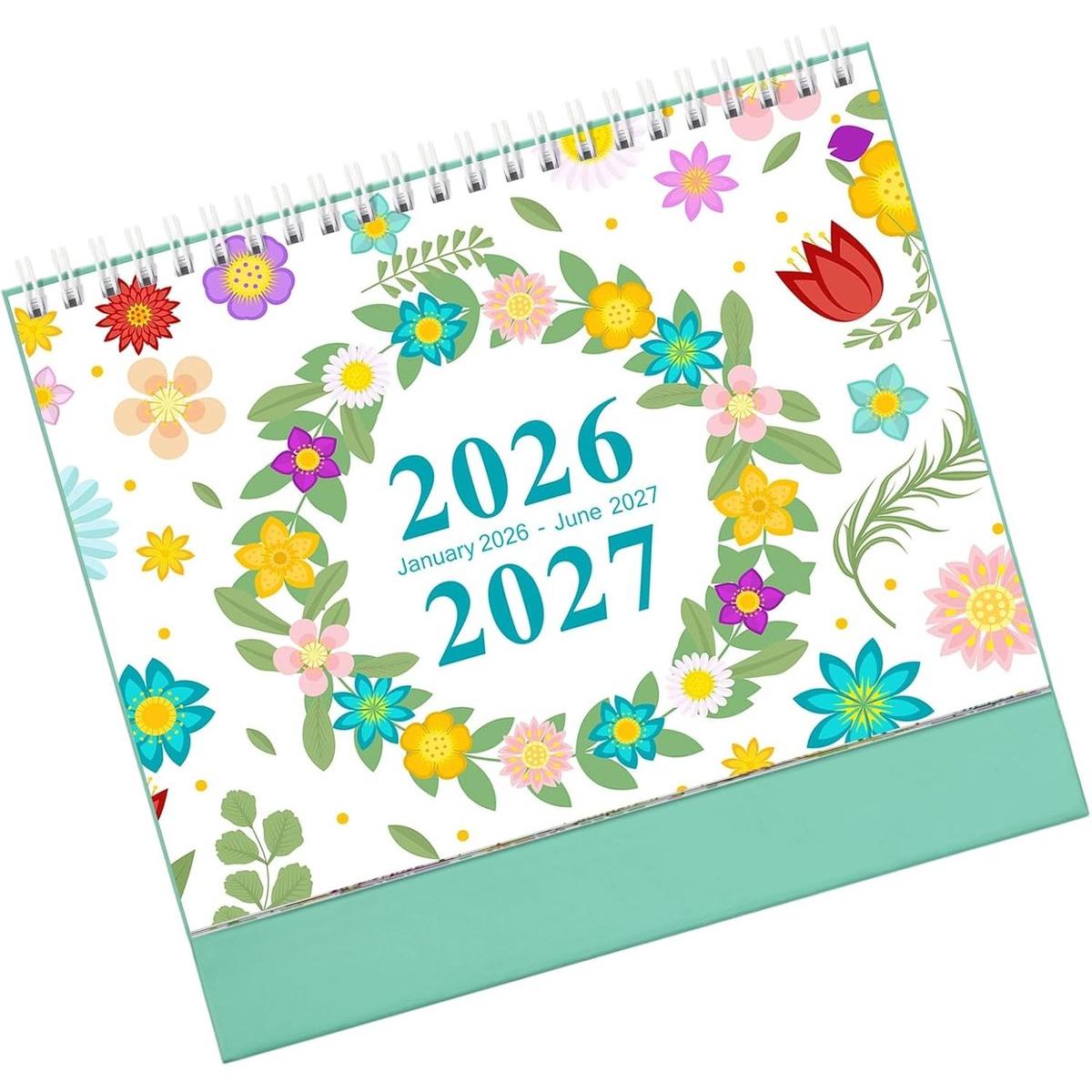 Calendario 2026 - Calendario de escritorio 2026 - Calendario de escritorio 2026-2027 - Calendarios florales enero-junio - Calendario vertical de papel grueso - Planificador anual 2026-2027 - Mini calendario de escritorio - Perfecto para la escuela, la ofi